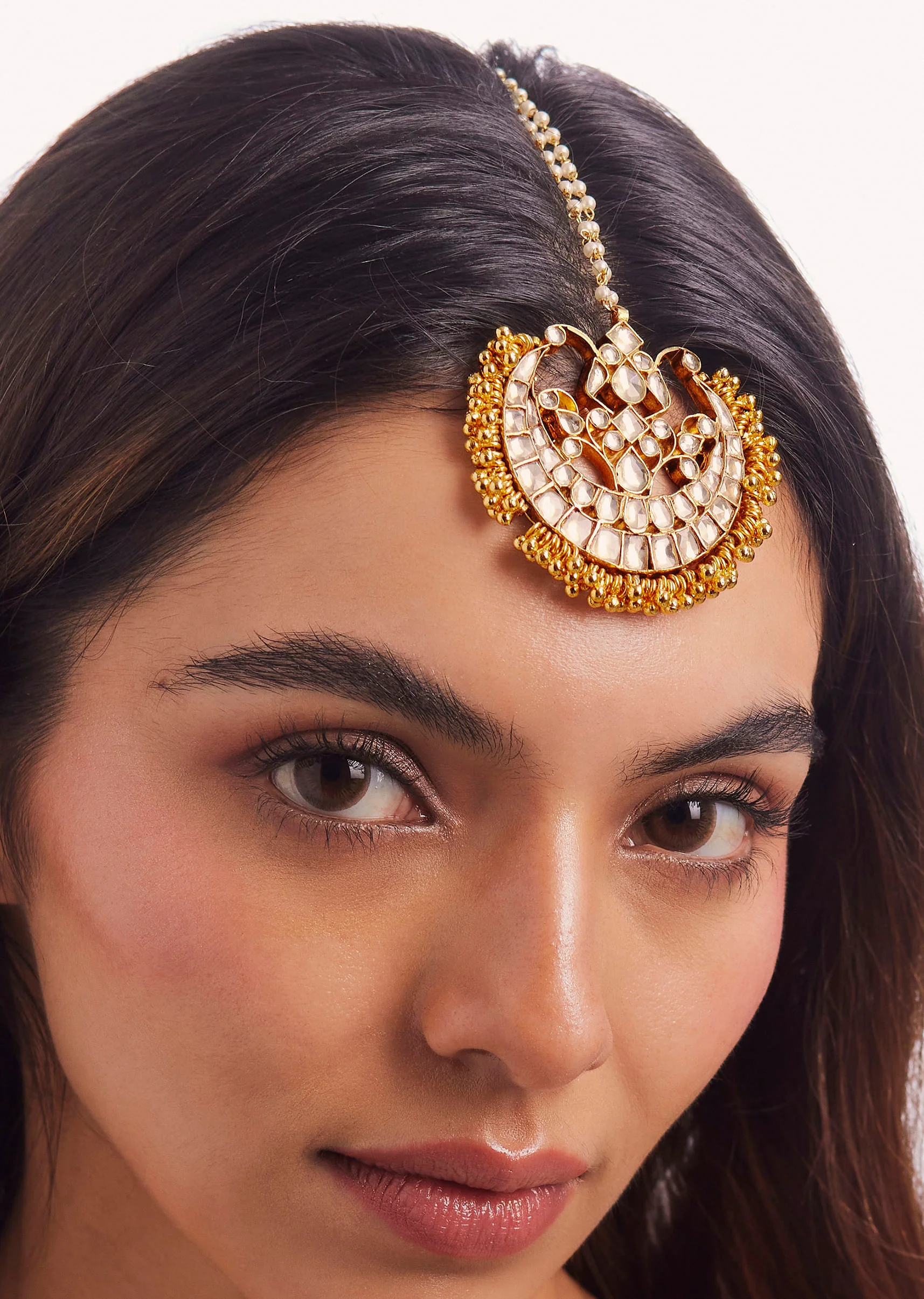 Gold Finish Kundan Polki And Pearl Enameled Maang Tikka