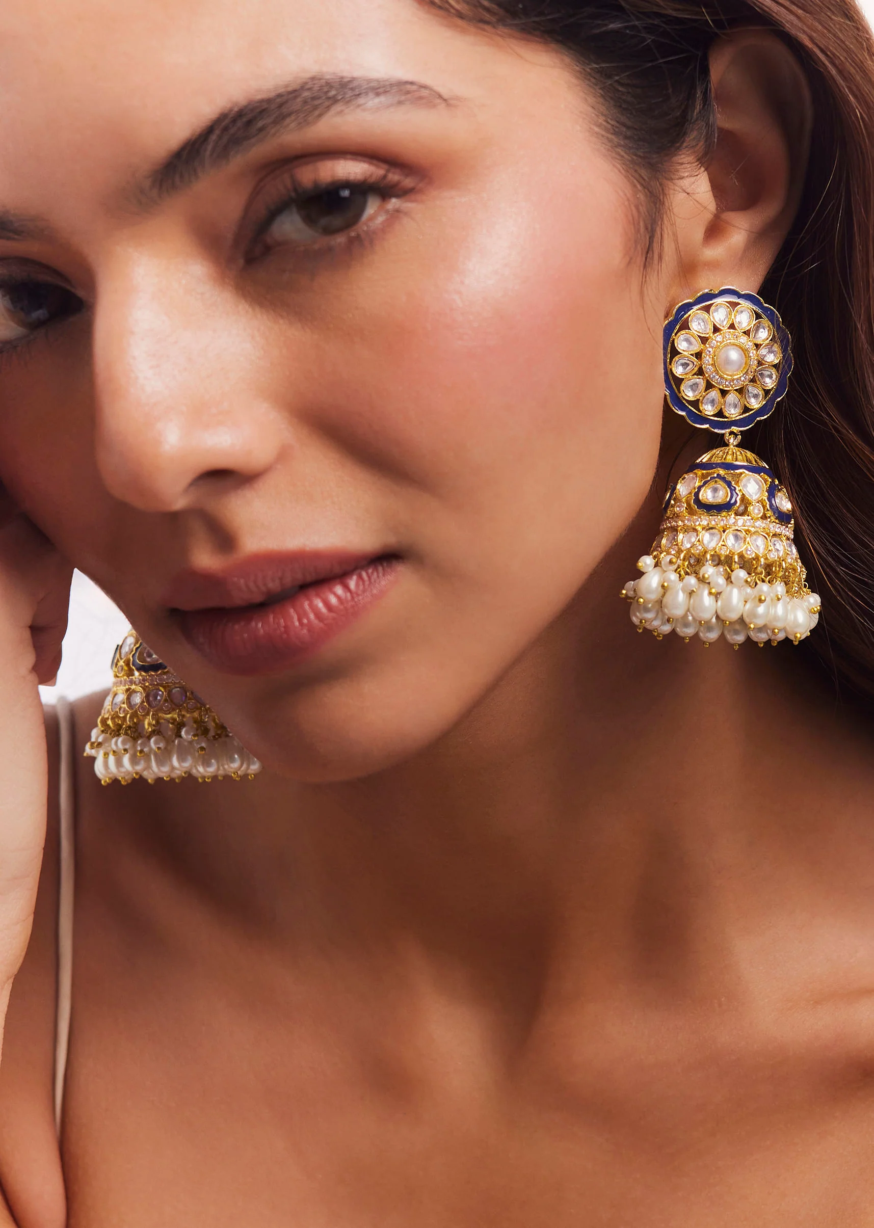 Gold Finish Kundan Polki And Pearl Jhumka Earrings