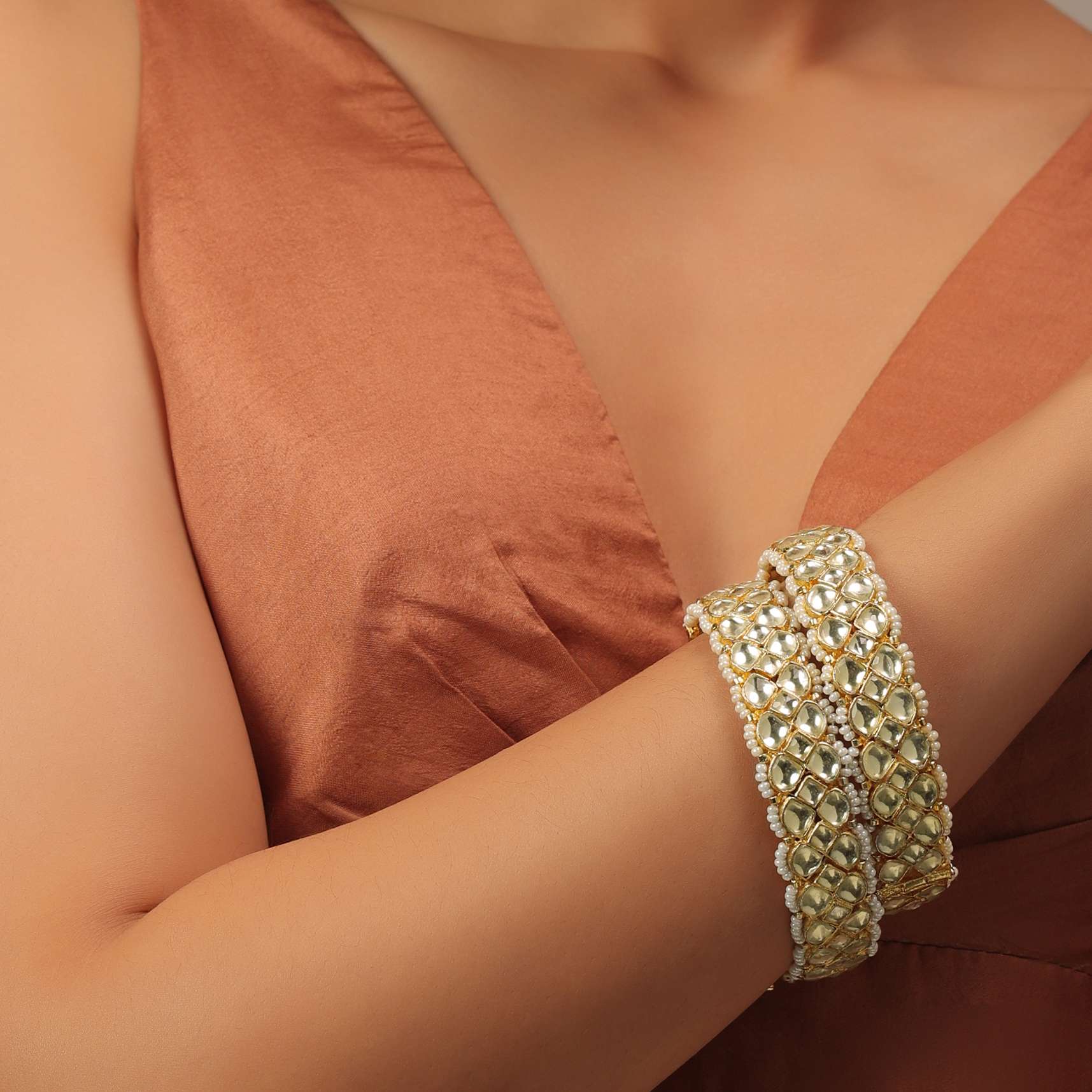 Gold Finish Kundan Polki Bangles With Pearls - Image 2