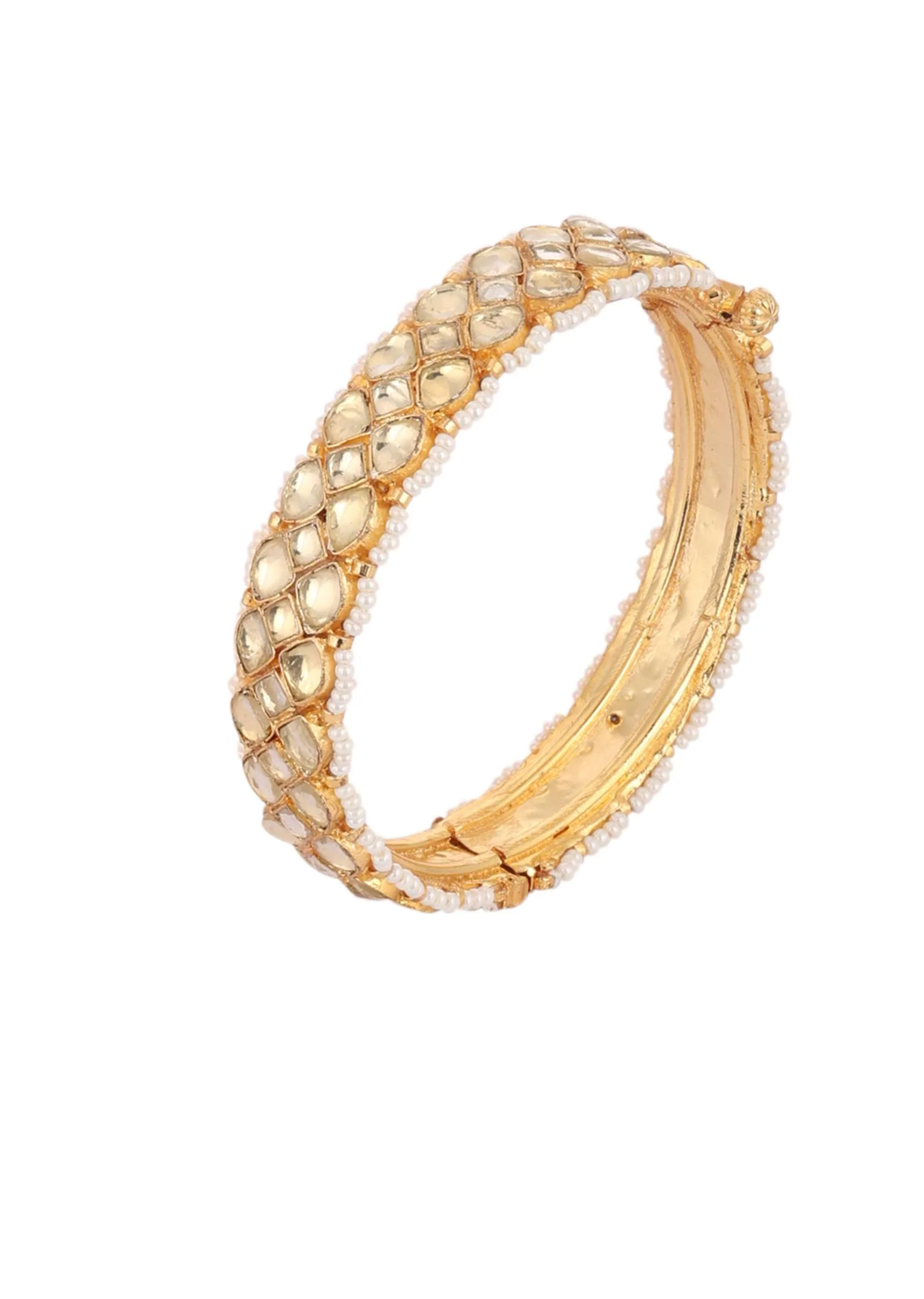 Gold Finish Kundan Polki Bangles With Pearls - Image 4