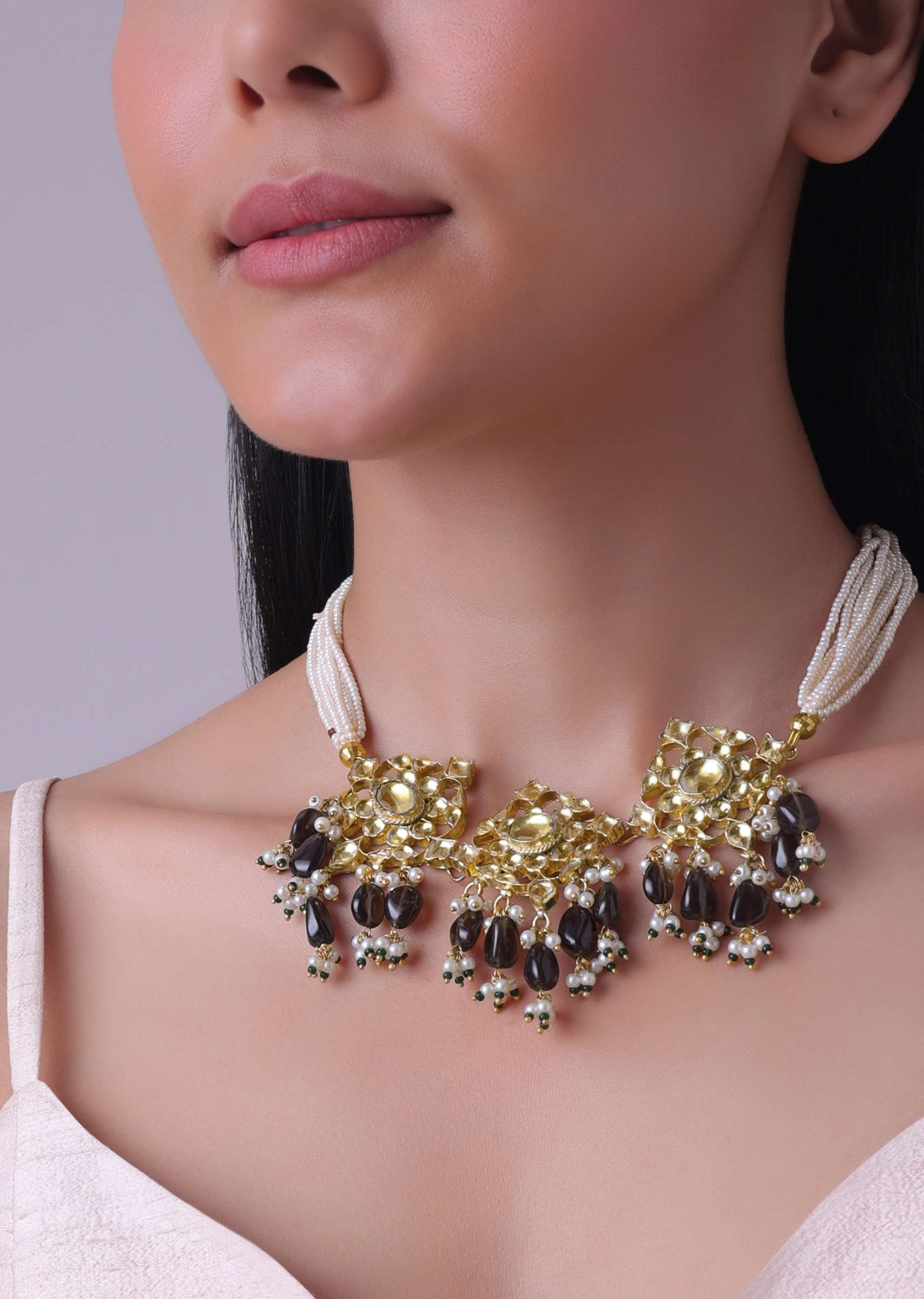 Gold Finish Kundan Polki Black Necklace Set With Beads, Stones, And Pearls - Image 3