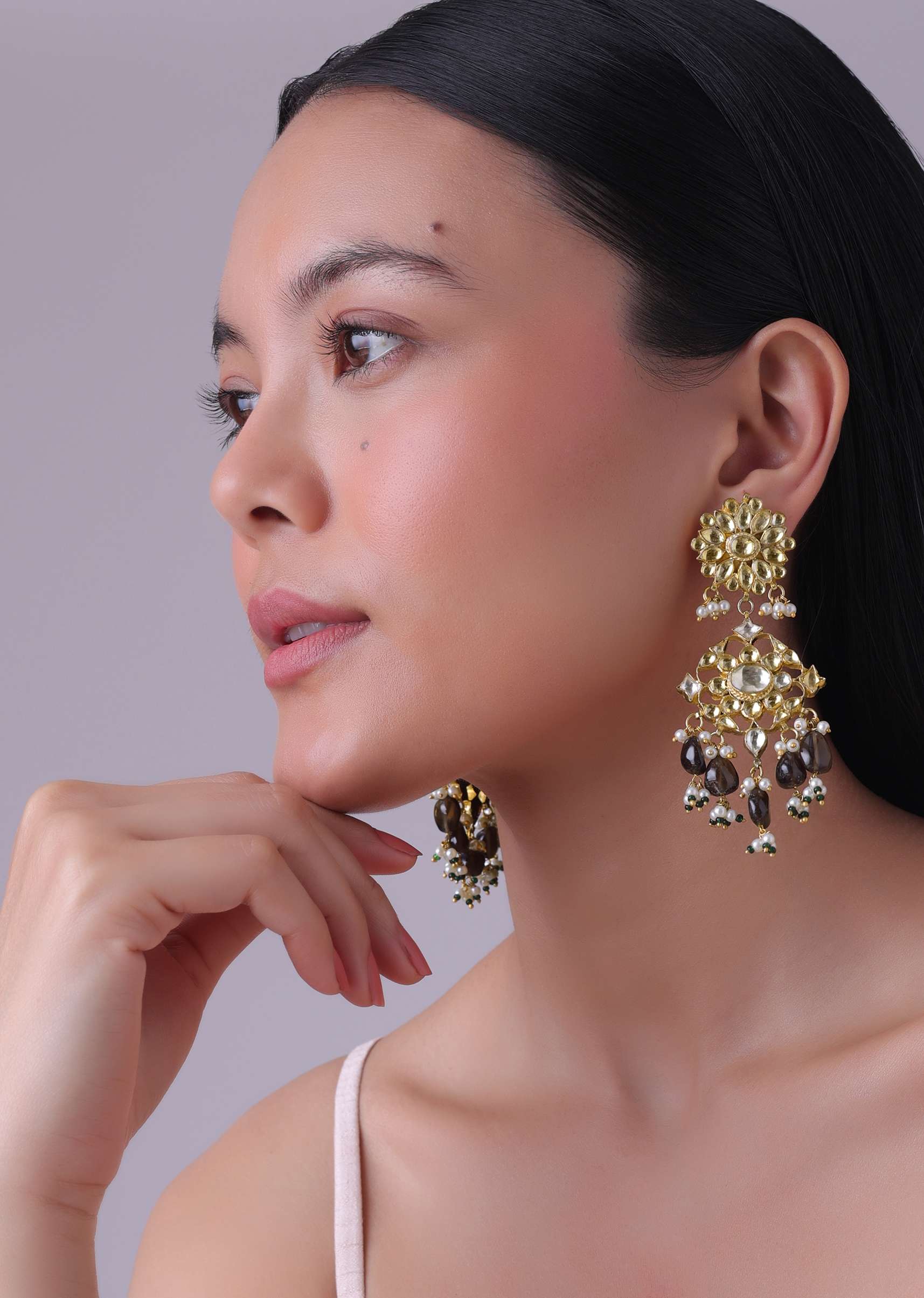 Gold Finish Kundan Polki Black Necklace Set With Beads, Stones, And Pearls - Image 4