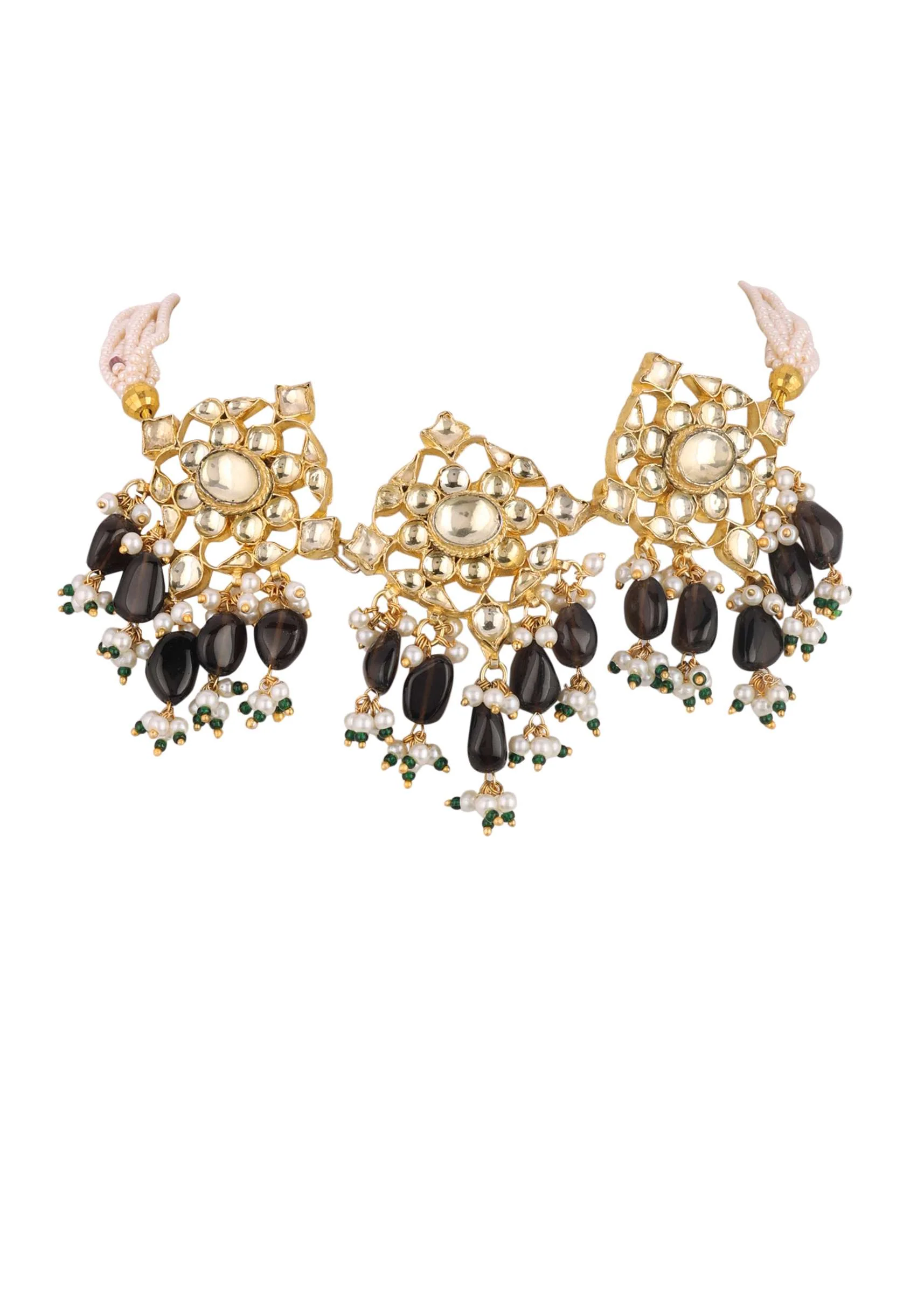 Gold Finish Kundan Polki Black Necklace Set With Beads, Stones, And Pearls - Image 5