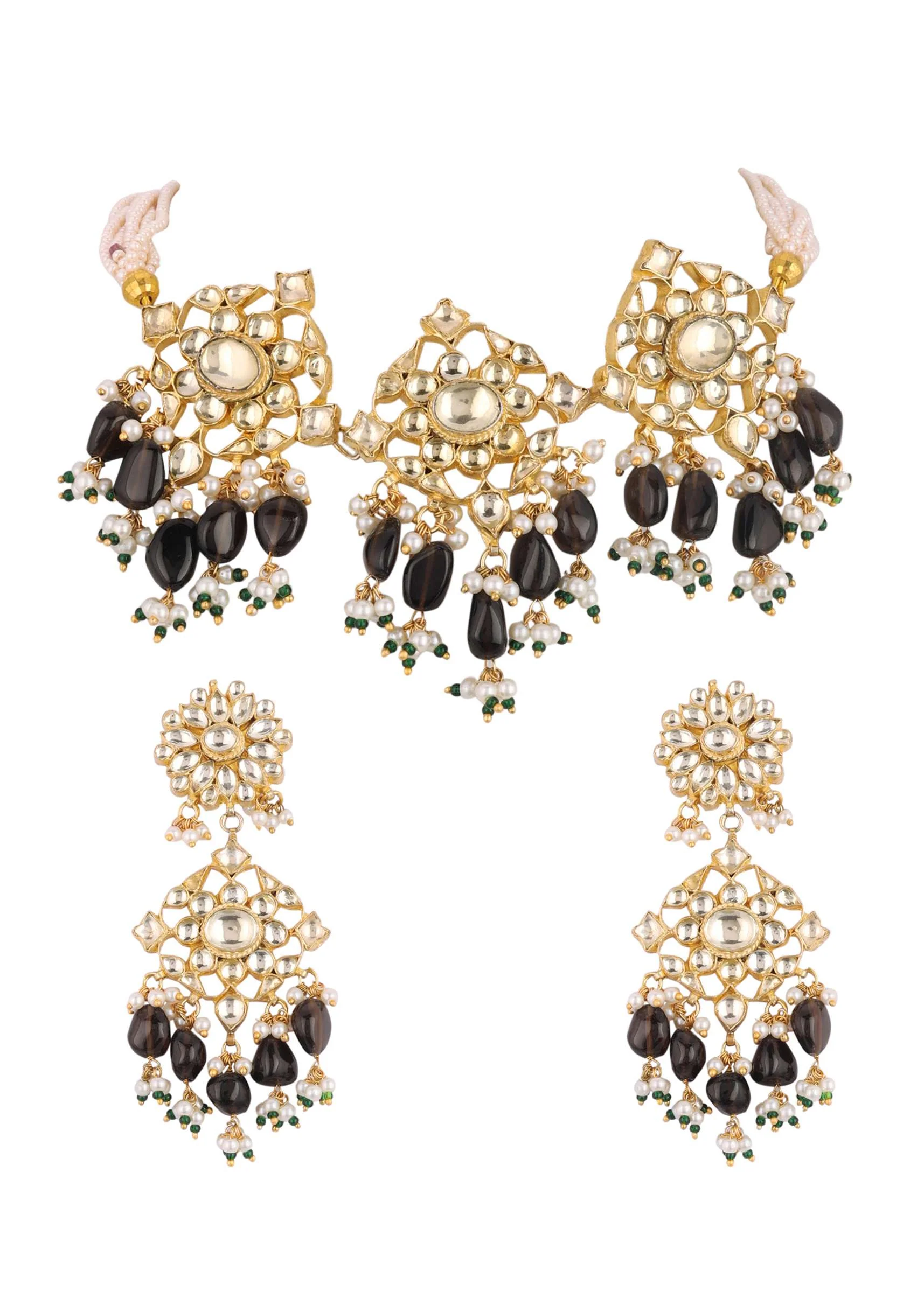 Gold Finish Kundan Polki Black Necklace Set With Beads, Stones, And Pearls - Image 6