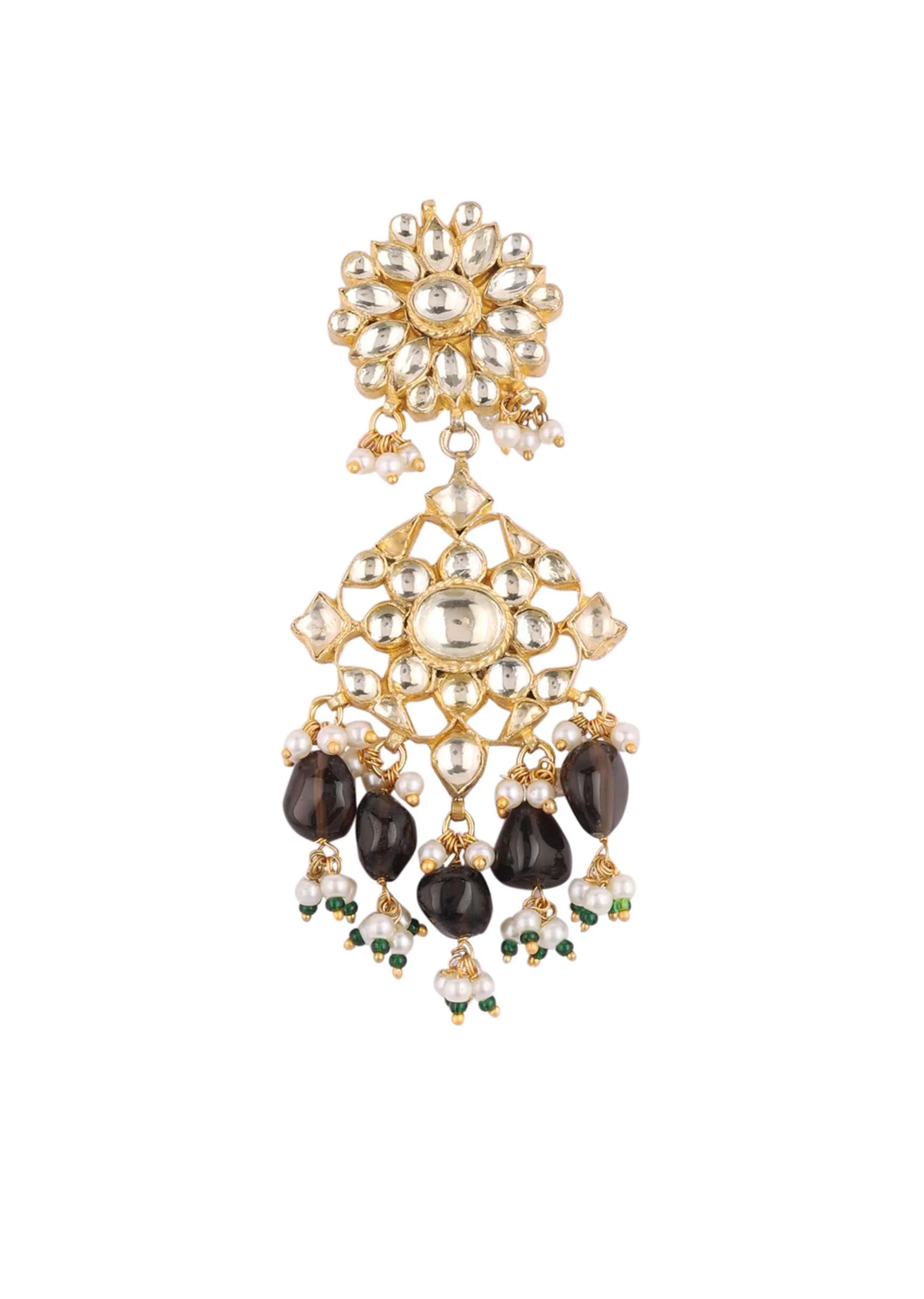 Gold Finish Kundan Polki Black Necklace Set With Beads, Stones, And Pearls - Image 7