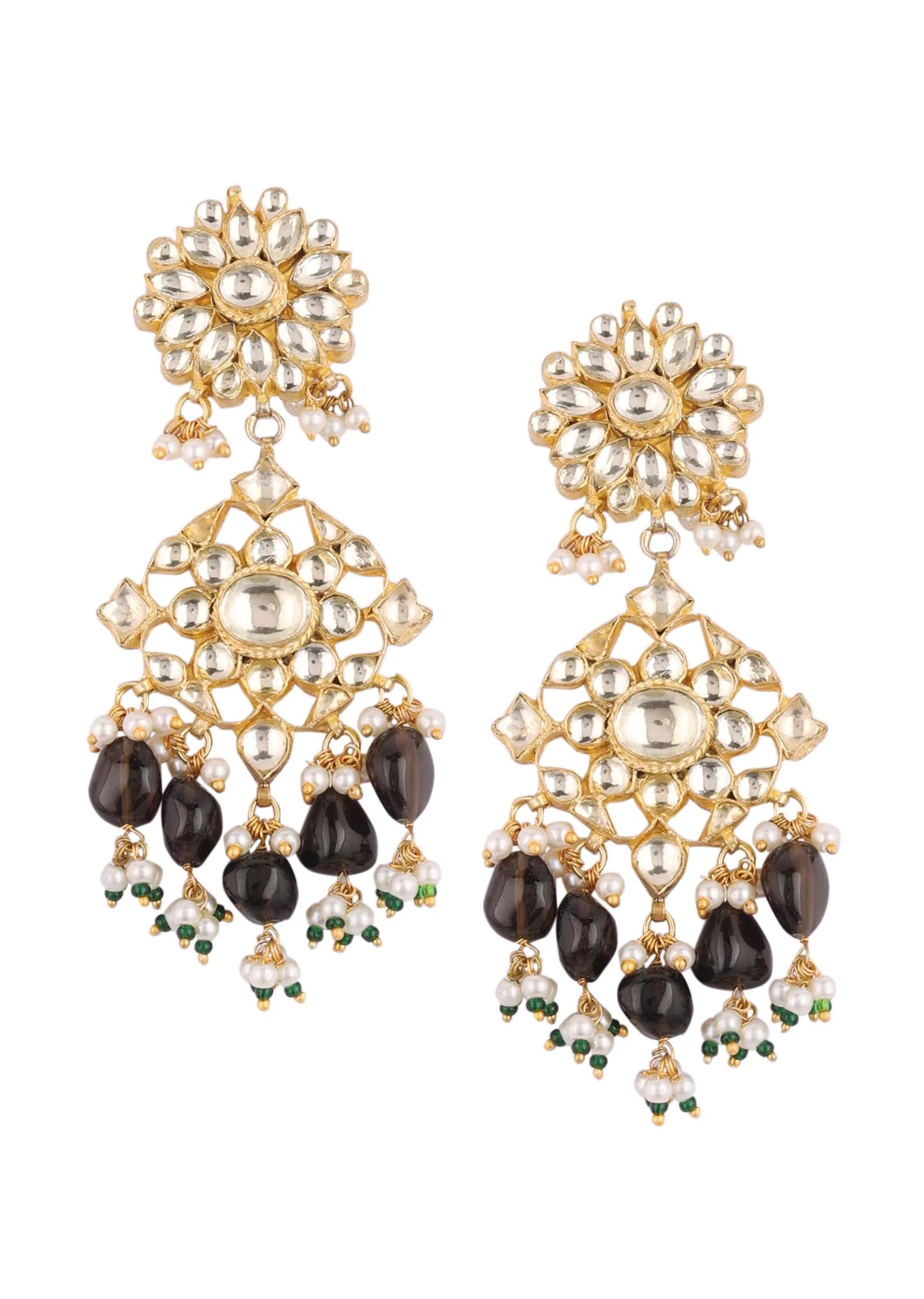 Gold Finish Kundan Polki Black Necklace Set With Beads, Stones, And Pearls - Image 8