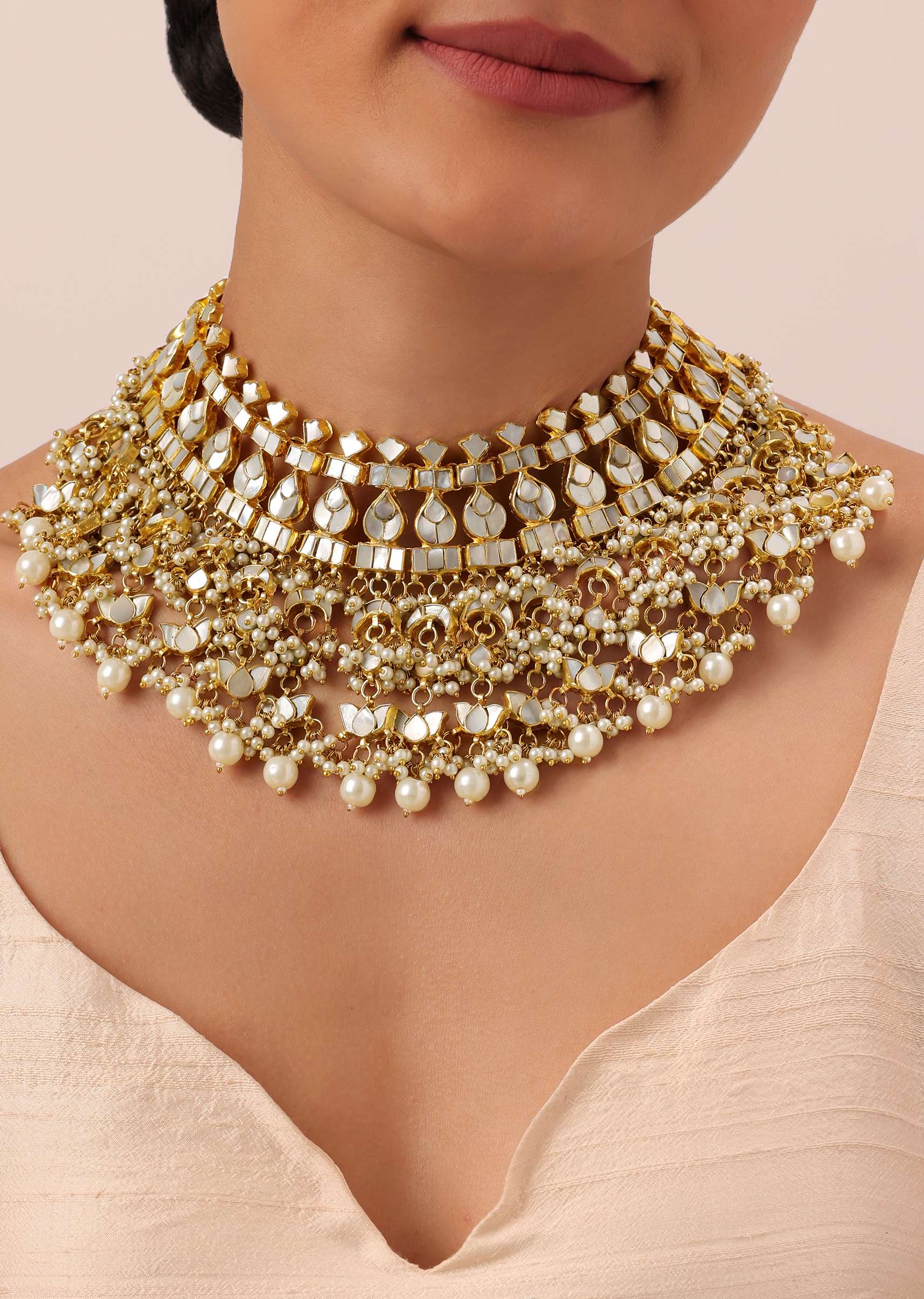 Gold Finish Kundan Polki Bridal Choker Set With Pearls - Image 2