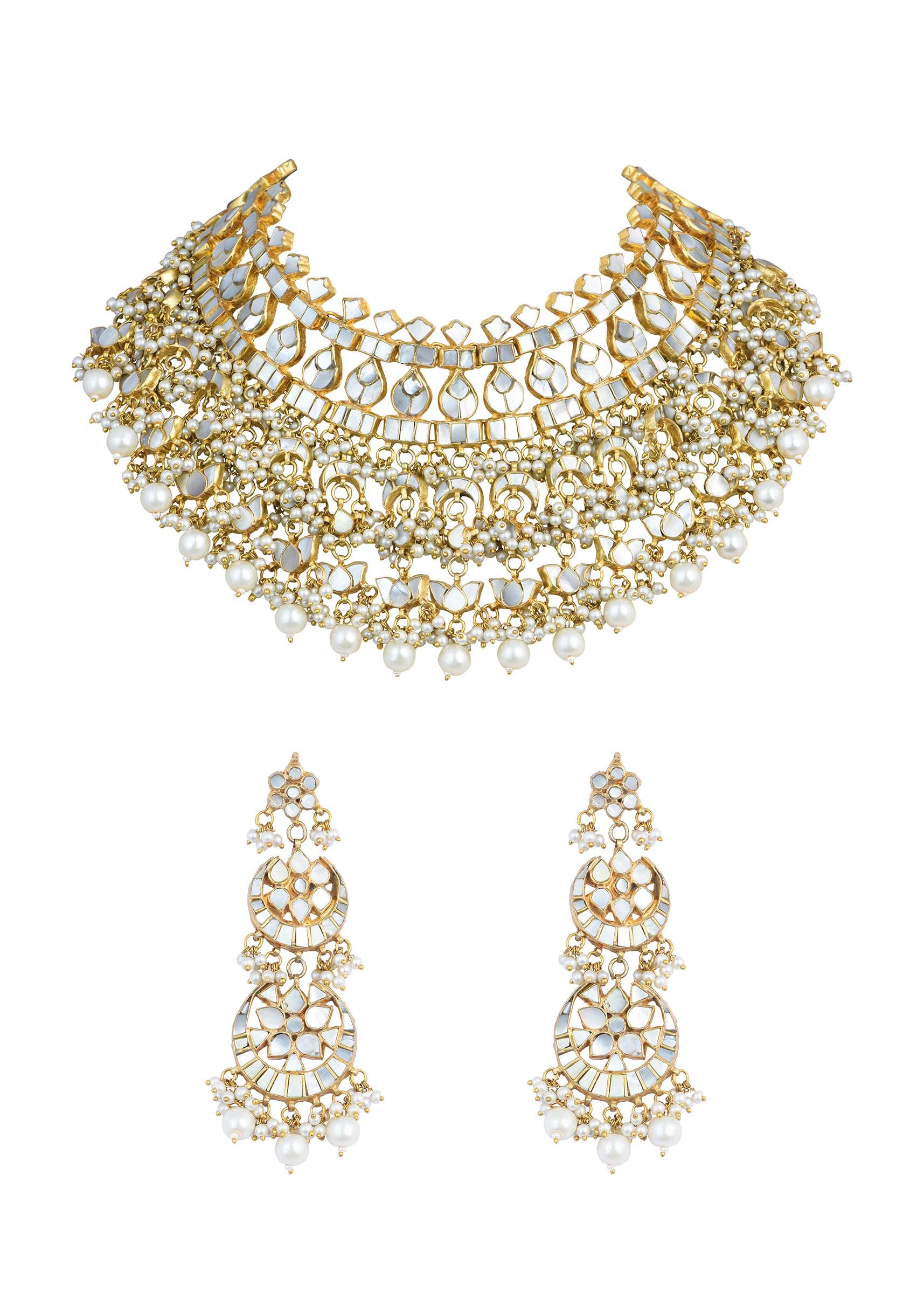 Gold Finish Kundan Polki Bridal Choker Set With Pearls - Image 5