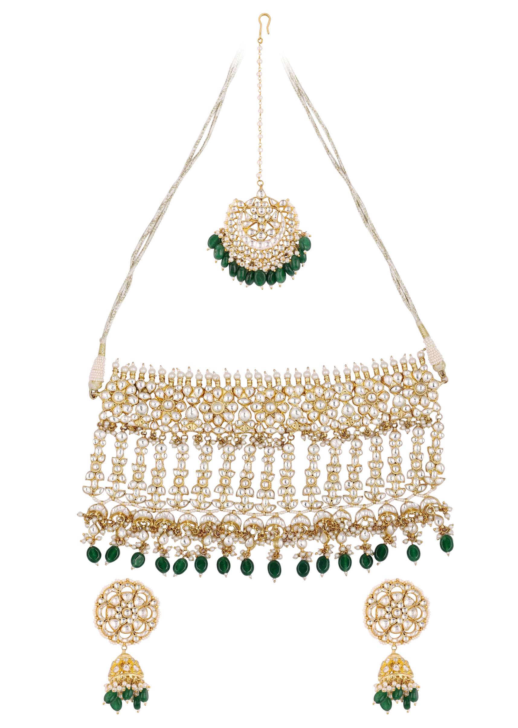 Gold Finish Kundan Polki Choker Set With Green Drops - Image 5