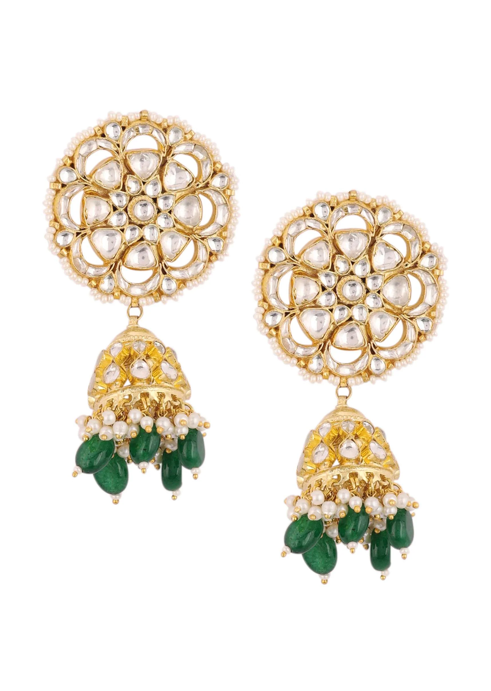 Gold Finish Kundan Polki Choker Set With Green Drops - Image 7