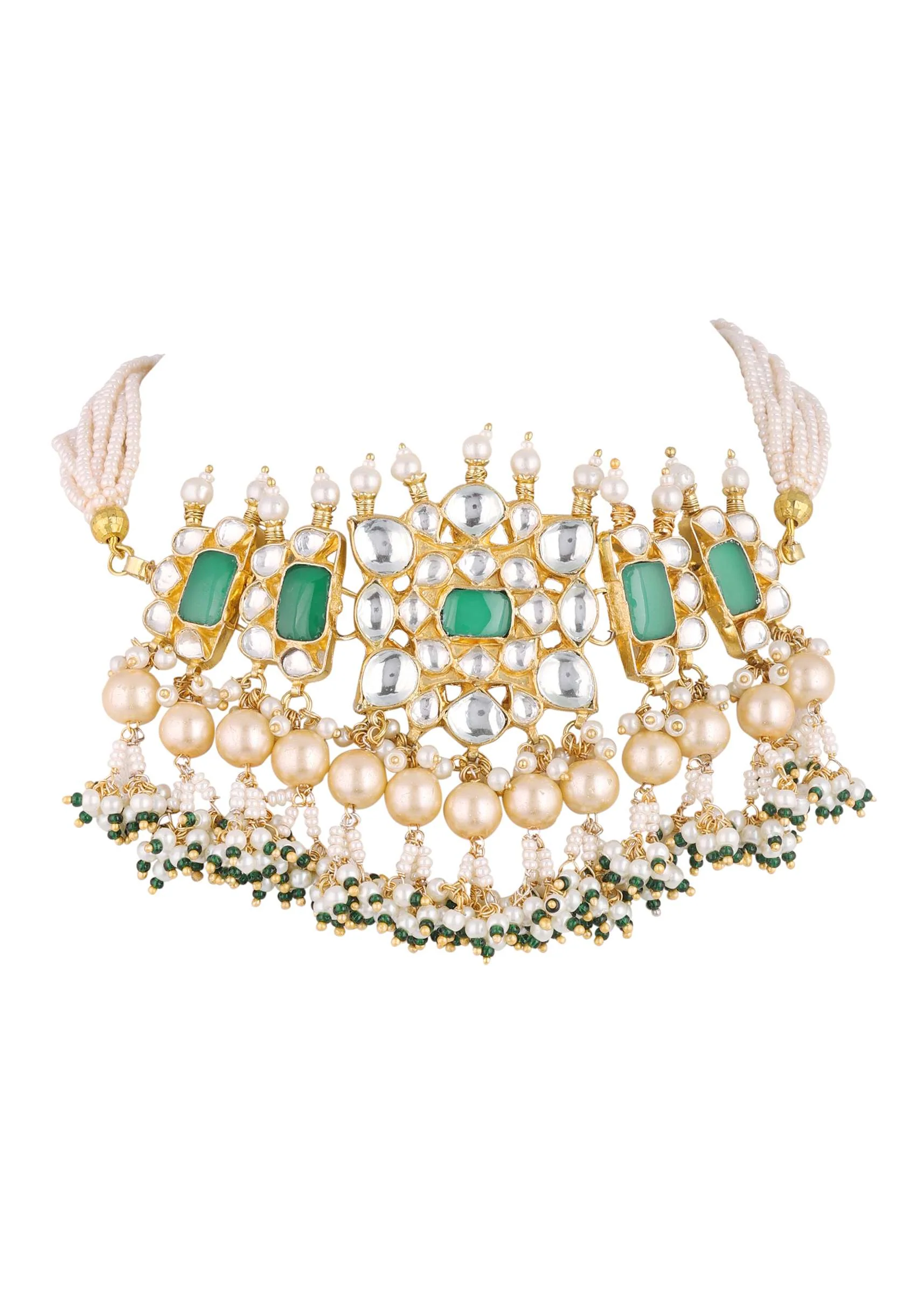 Gold Finish Kundan Polki Choker Set With Pearls - Image 5