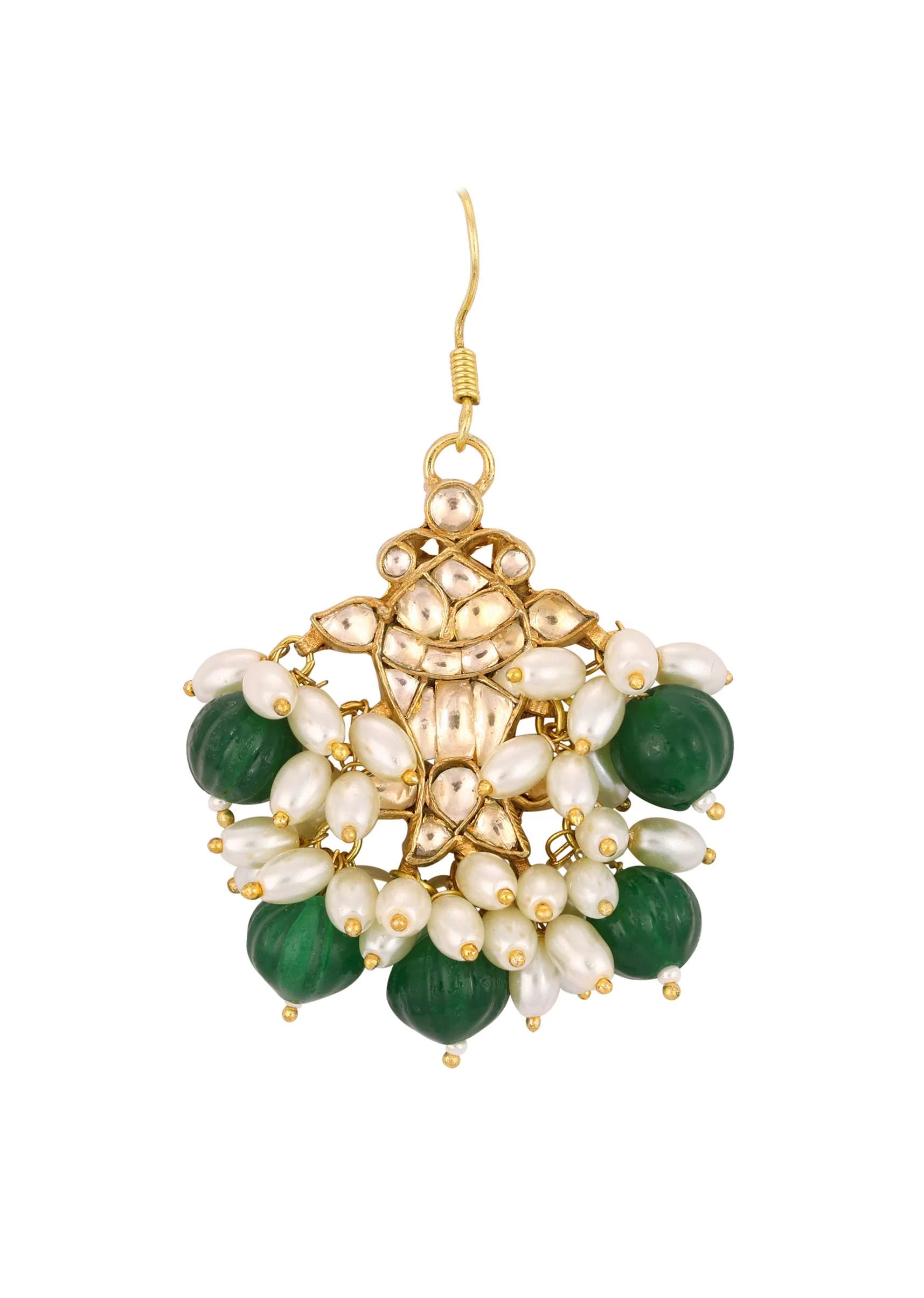 Gold Finish Kundan Polki Dangling Earrings With Synthetic Emerald Stones - Image 3