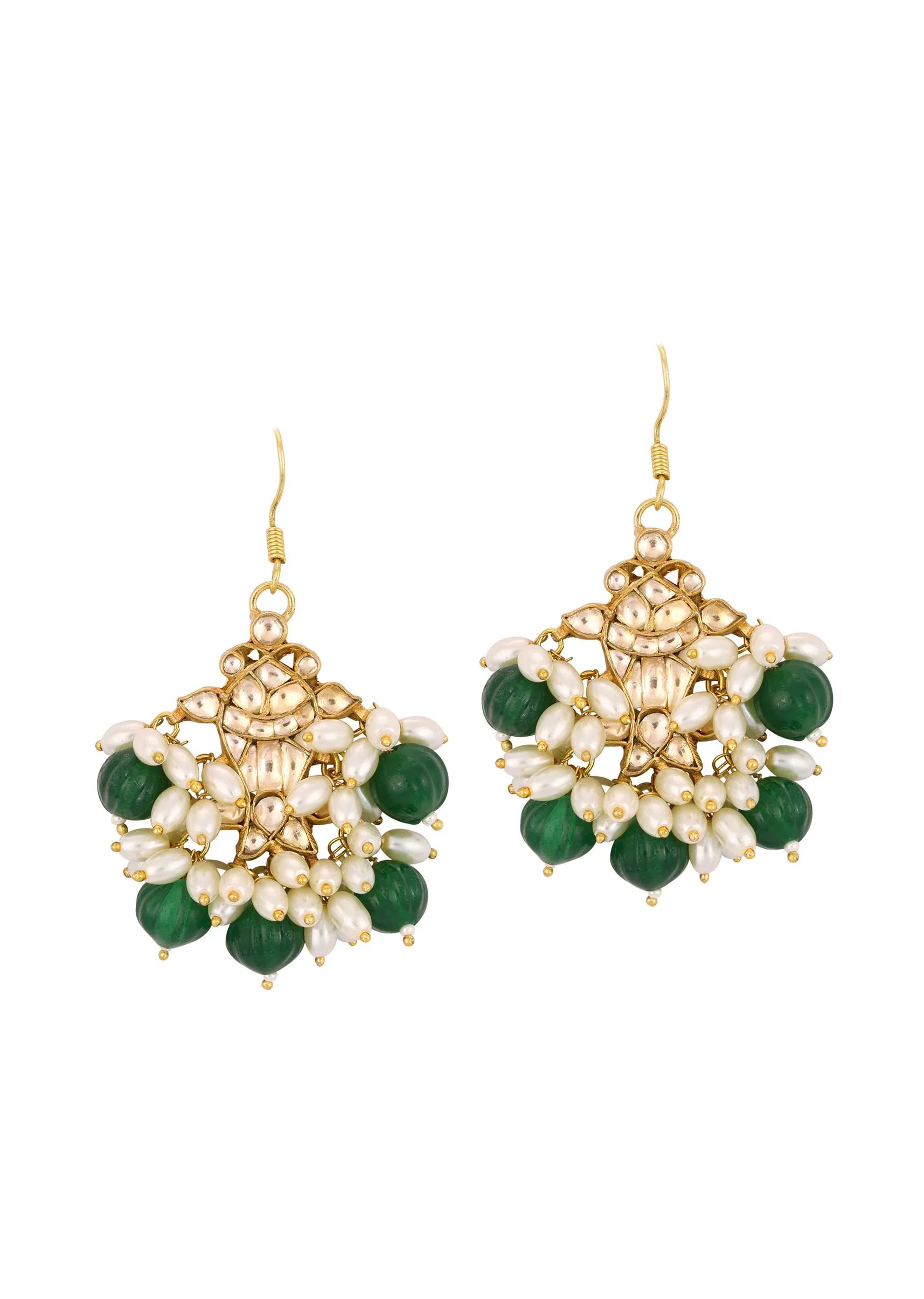 Gold Finish Kundan Polki Dangling Earrings With Synthetic Emerald Stones - Image 4