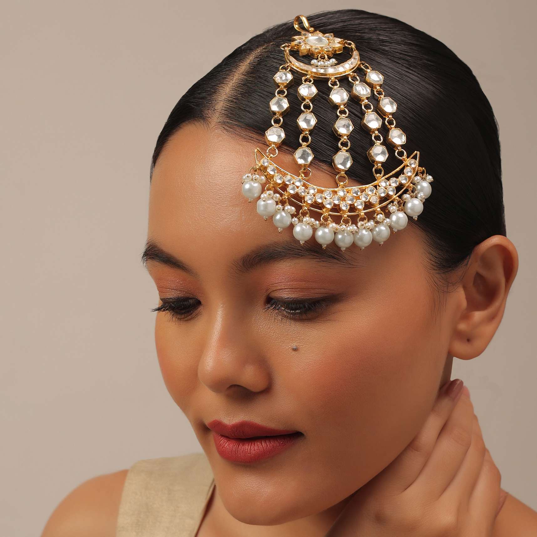 Gold Finish Kundan Polki Jhumar Passa With Pearls - Image 2