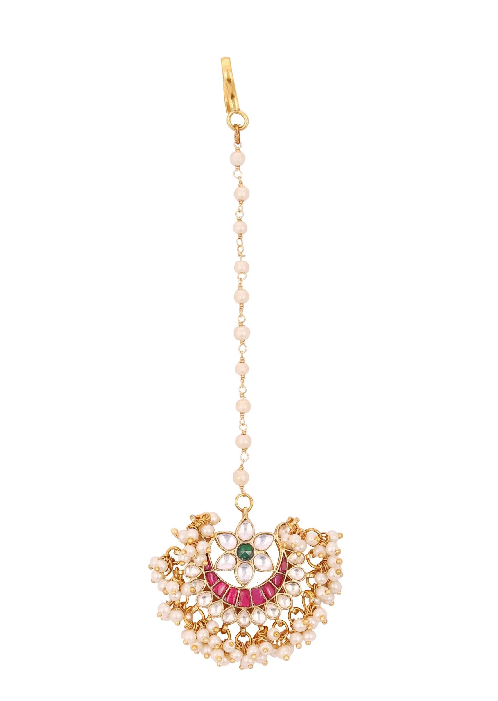 Gold Finish Kundan Polki Maangteeka With Synthetic Stones Beads - Image 3
