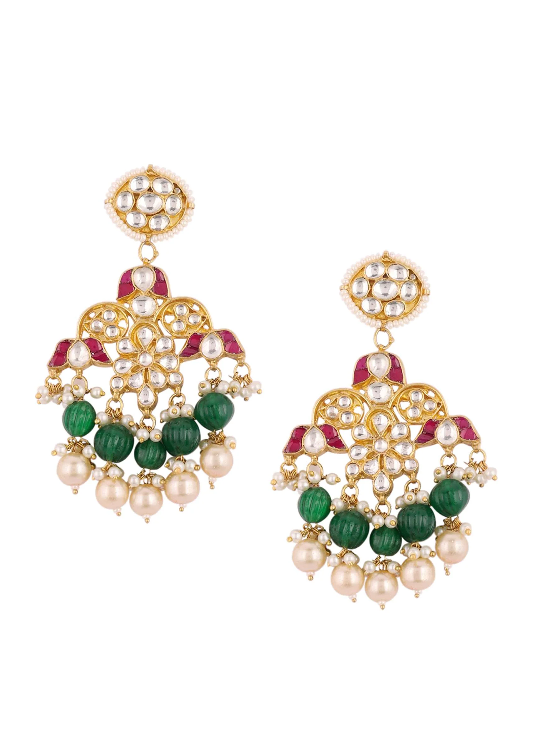 Gold Finish Kundan Polki Multicolor Choker Set With Pearls And Green Beads - Image 7