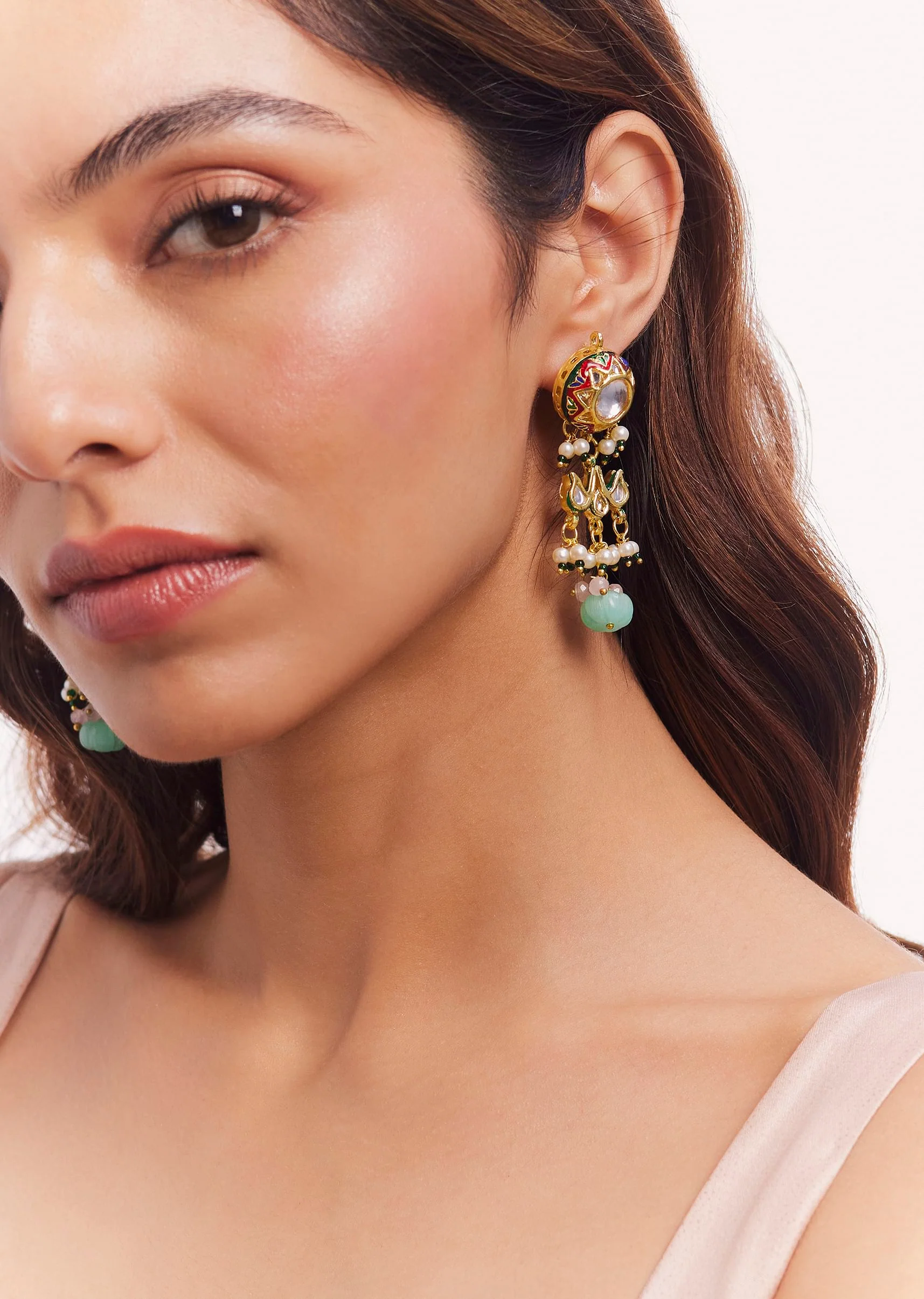Gold Finish Kundan Polki Necklace Set - Image 3