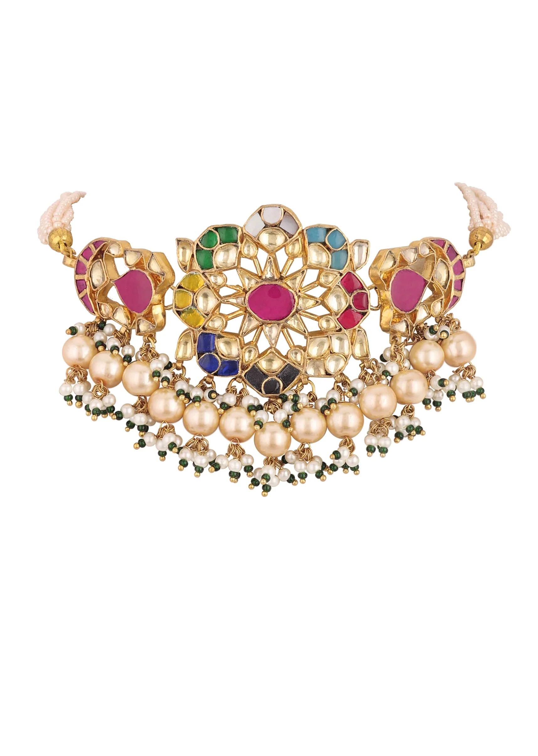 Gold Finish Kundan Polki Red And Green Choker Set With Beads And Stones - Image 10
