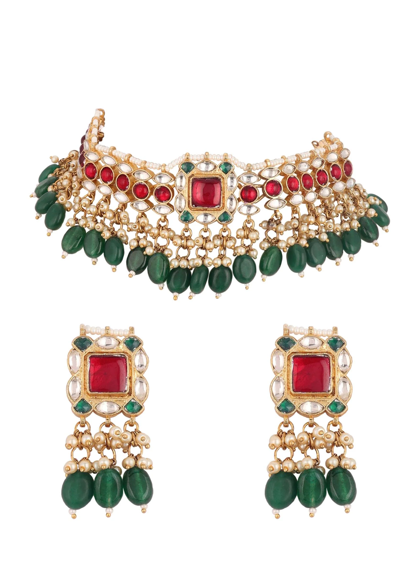 Gold Finish Kundan Polki Red And Green Choker Set With Beads And Stones - Image 11
