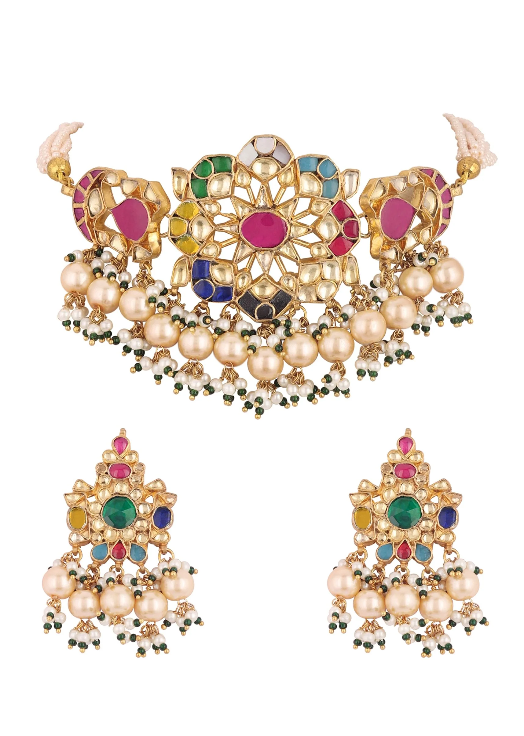 Gold Finish Kundan Polki Red And Green Choker Set With Beads And Stones - Image 12