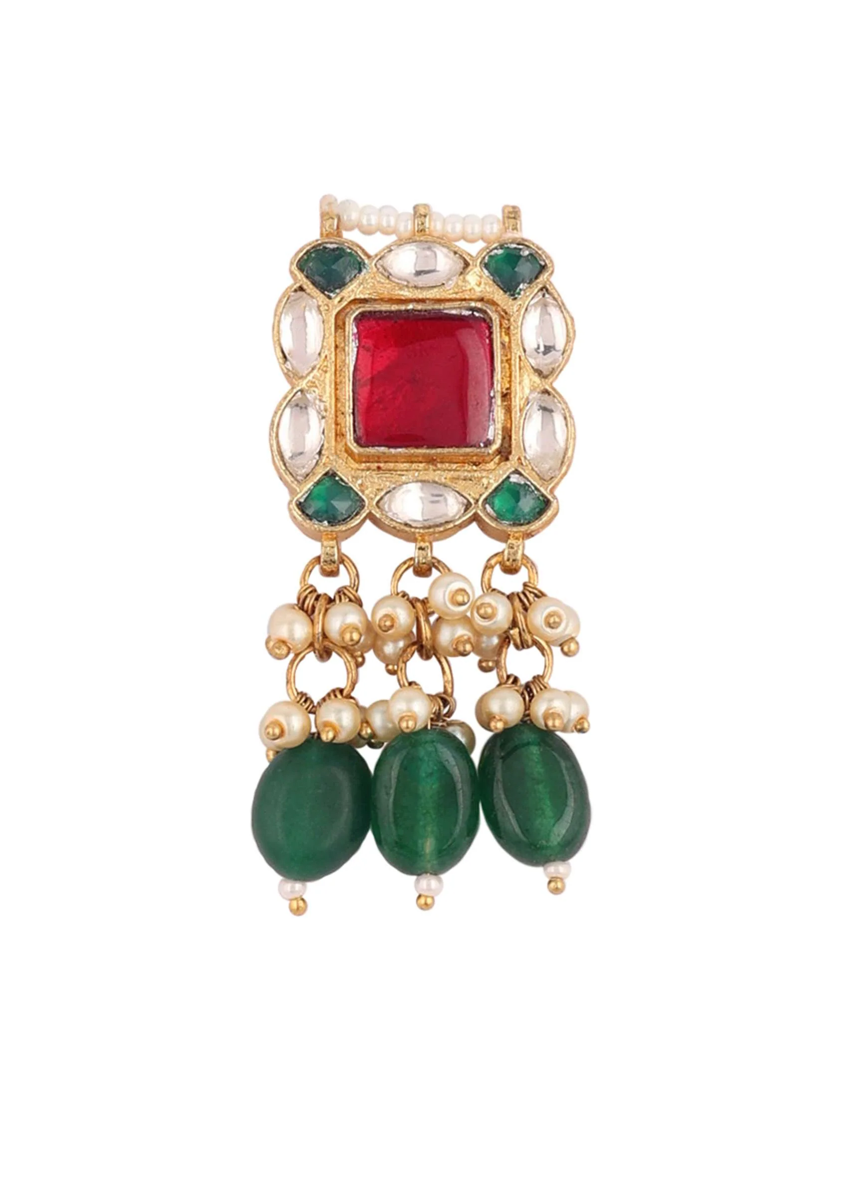 Gold Finish Kundan Polki Red And Green Choker Set With Beads And Stones - Image 14