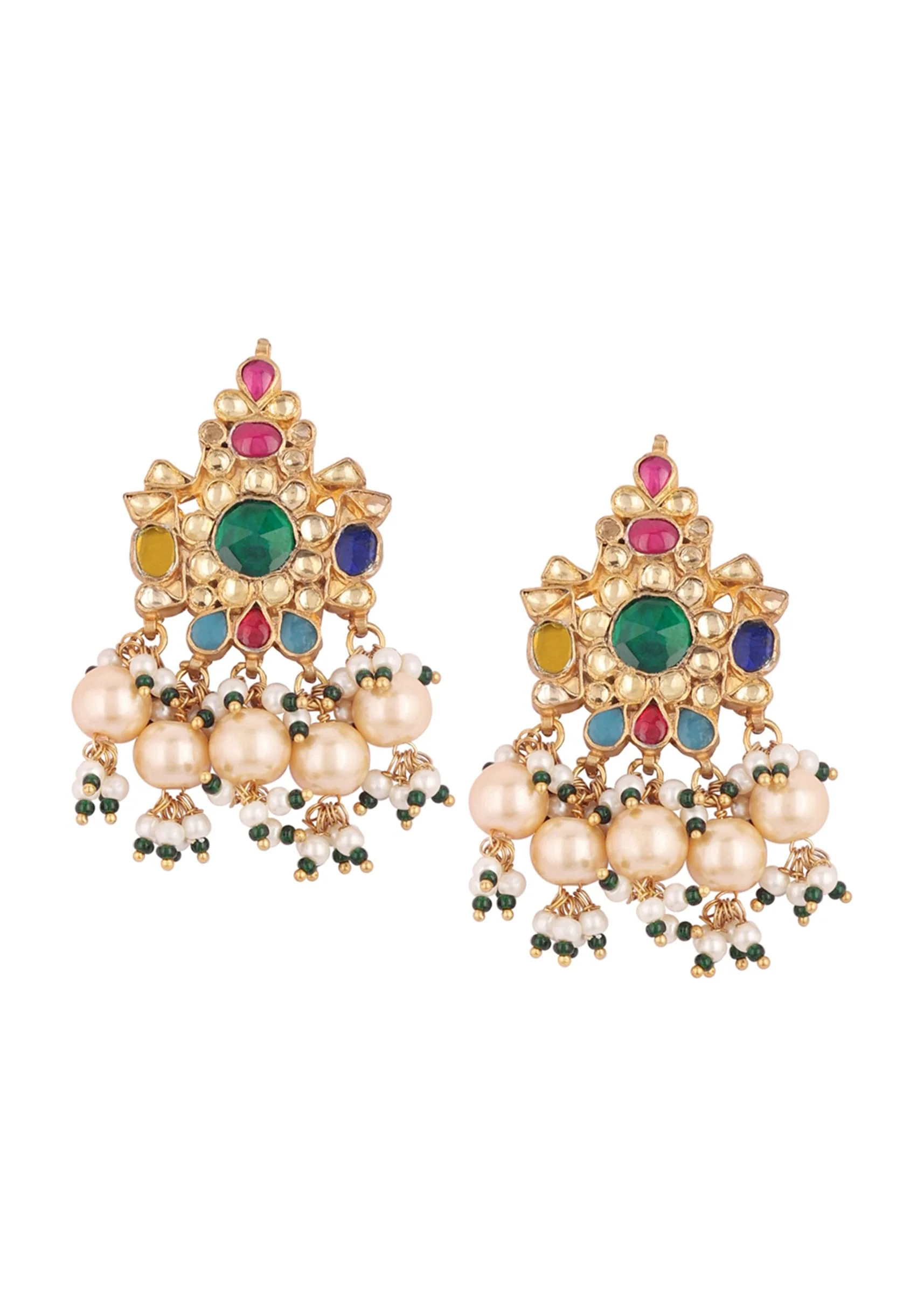 Gold Finish Kundan Polki Red And Green Choker Set With Beads And Stones - Image 15