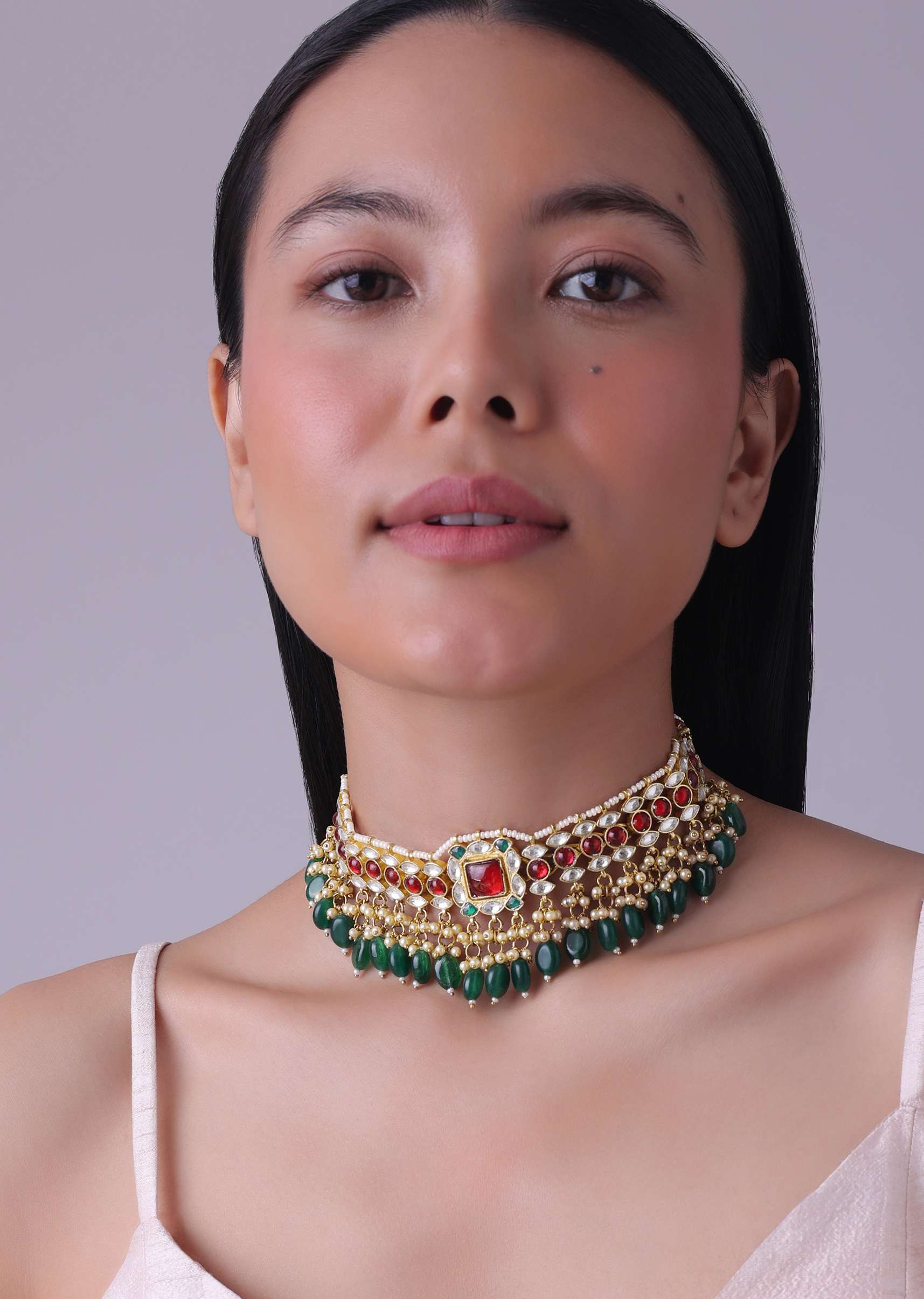 Gold Finish Kundan Polki Red And Green Choker Set With Beads And Stones - Image 2