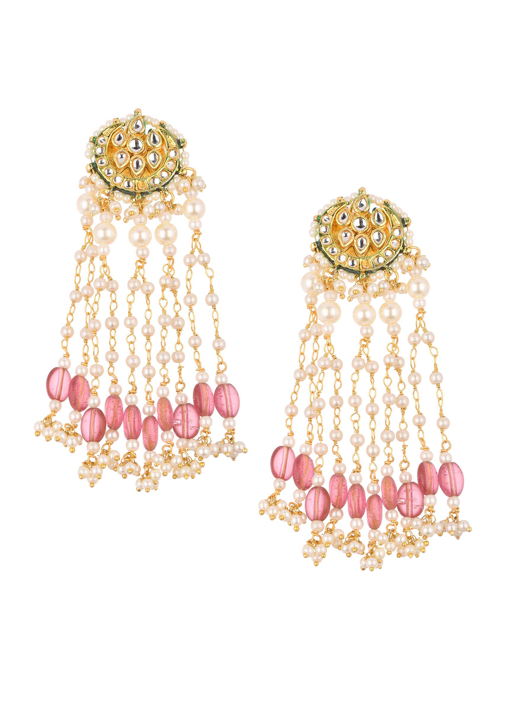 Gold Finish Mix Metal Danglers With Pink Beads - Image 2