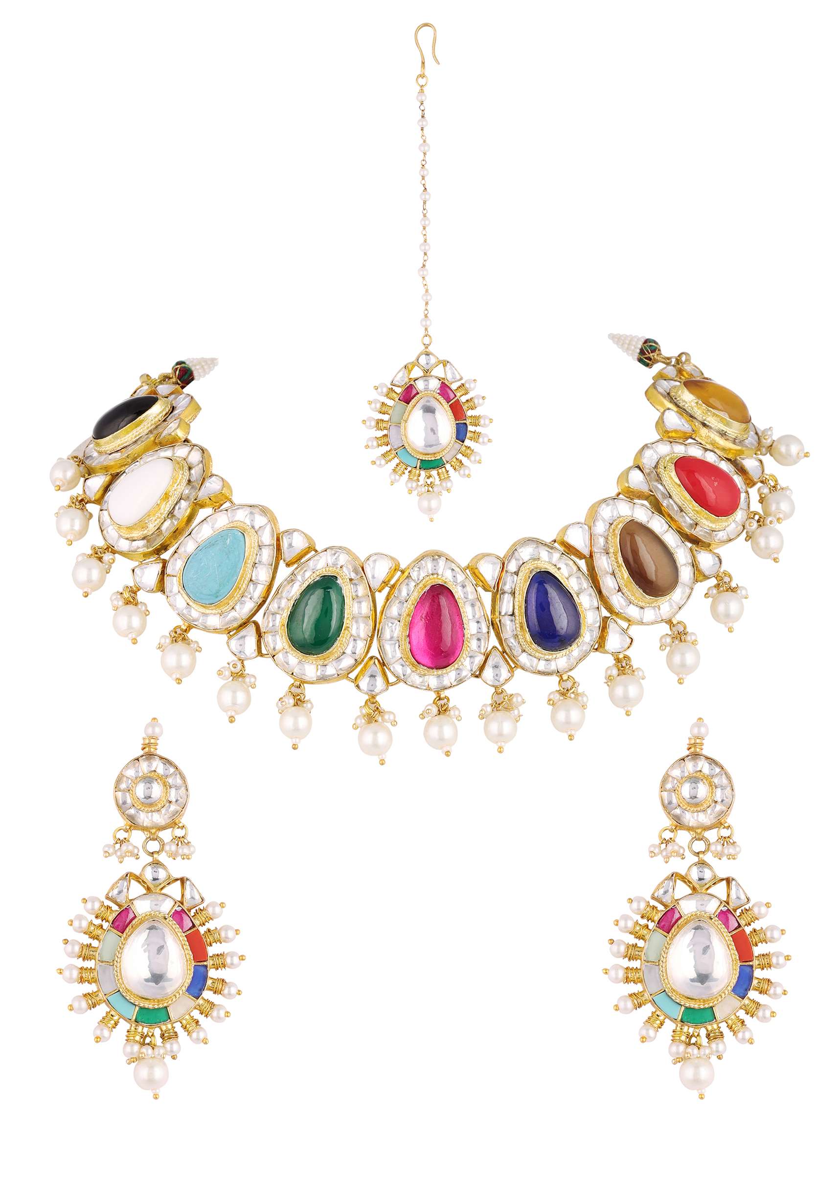 Gold Finish Navratna Kundan Polki Choker Set - Image 5