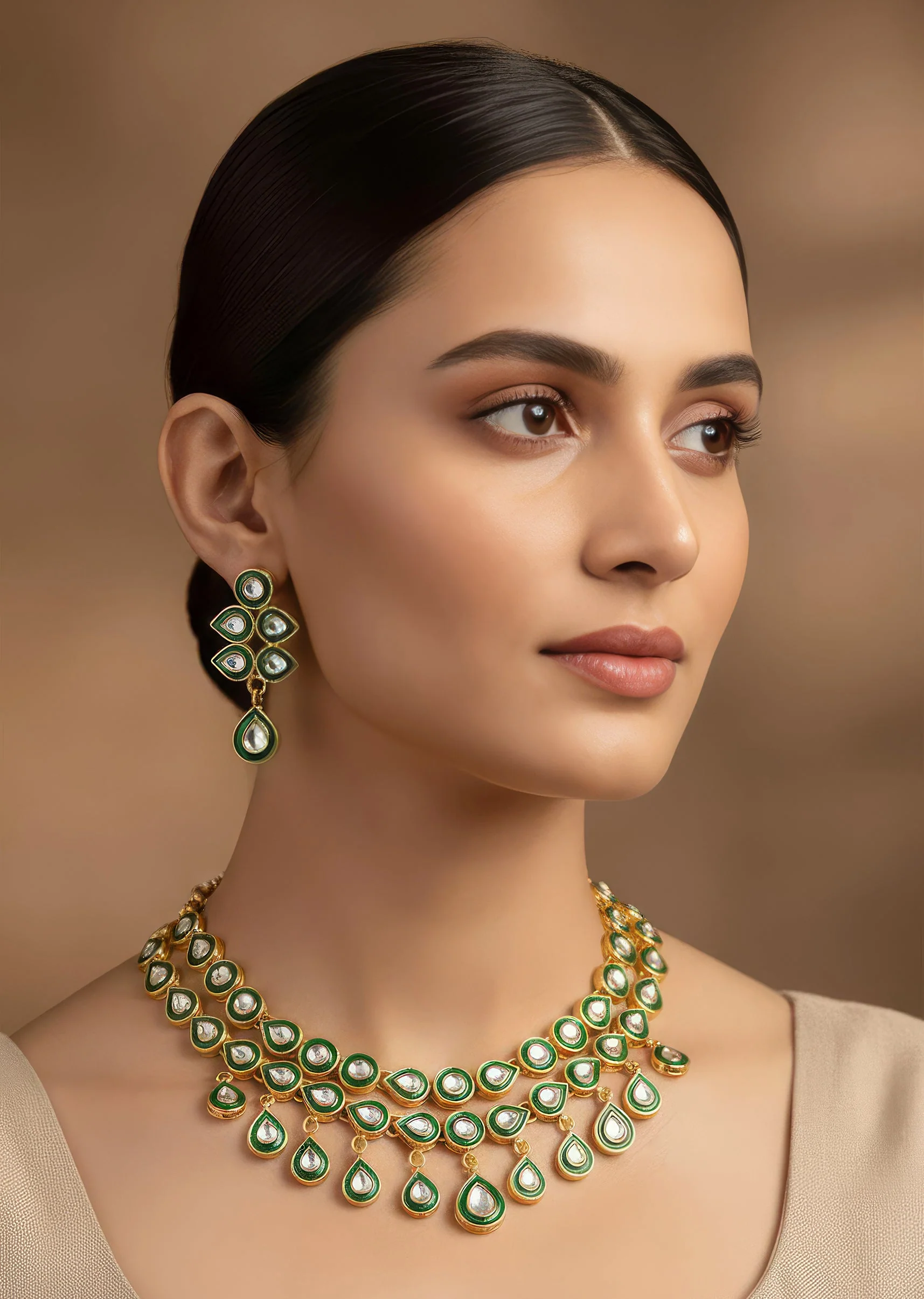 Gold Finish Necklace Set in Kundan Polki and Meenakari Detailing
