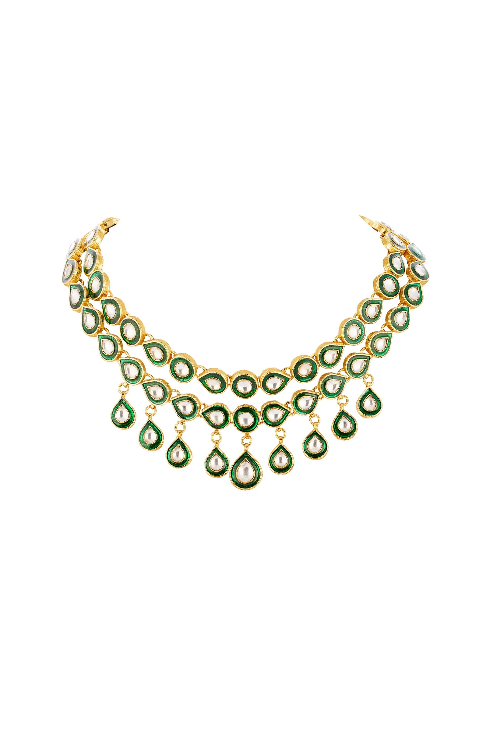Gold Finish Necklace Set in Kundan Polki and Meenakari Detailing - Image 3