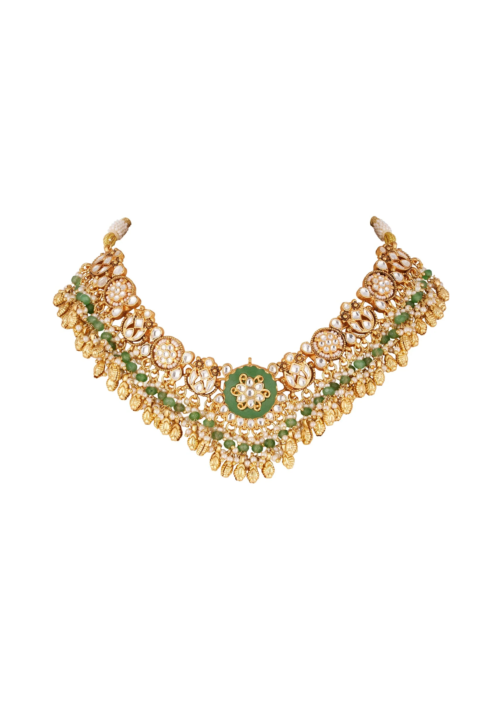 Gold Finish Necklace Set With Kundan Jadau Stones Enamel And Moti Beads - Image 3