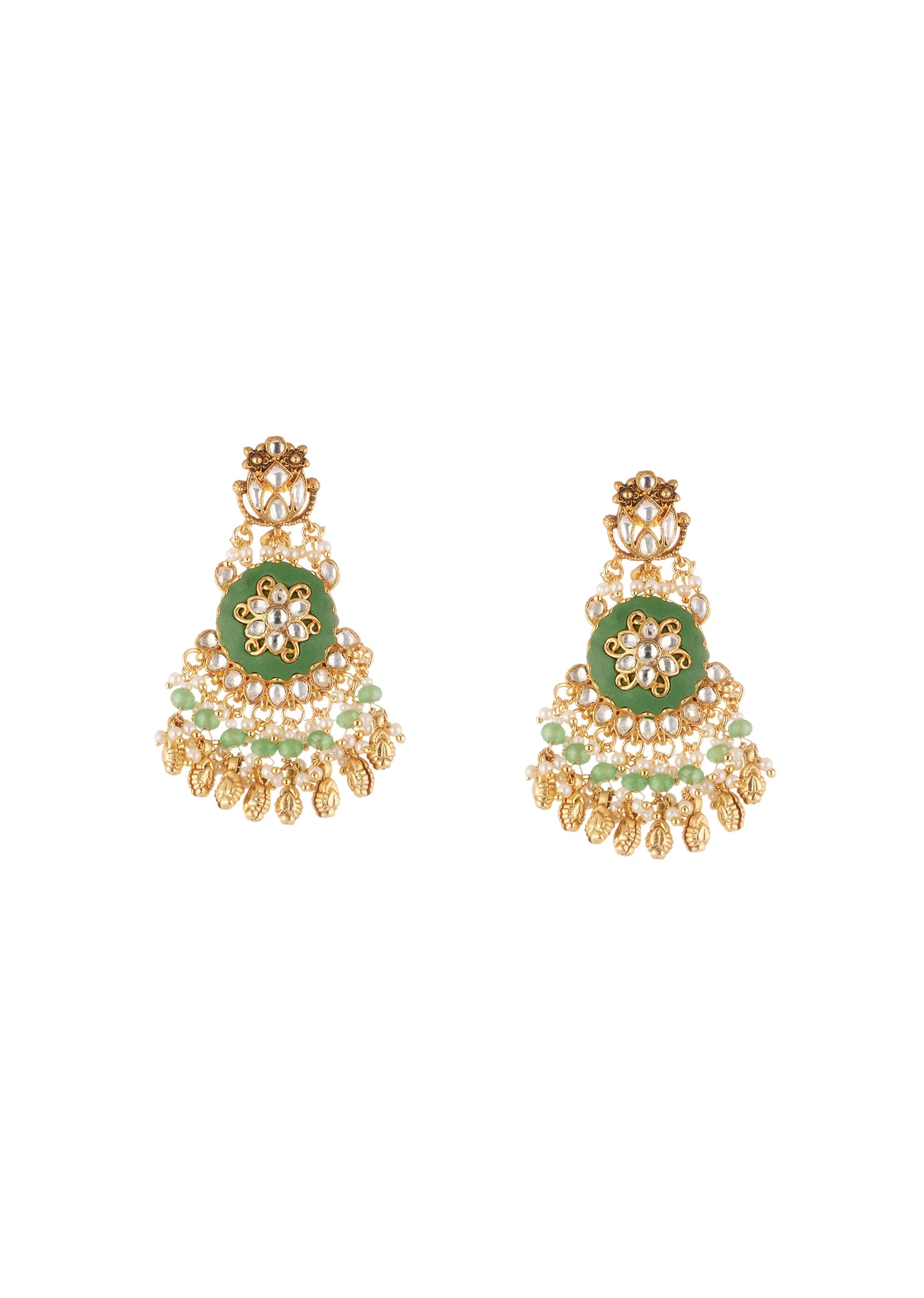 Gold Finish Necklace Set With Kundan Jadau Stones Enamel And Moti Beads - Image 4