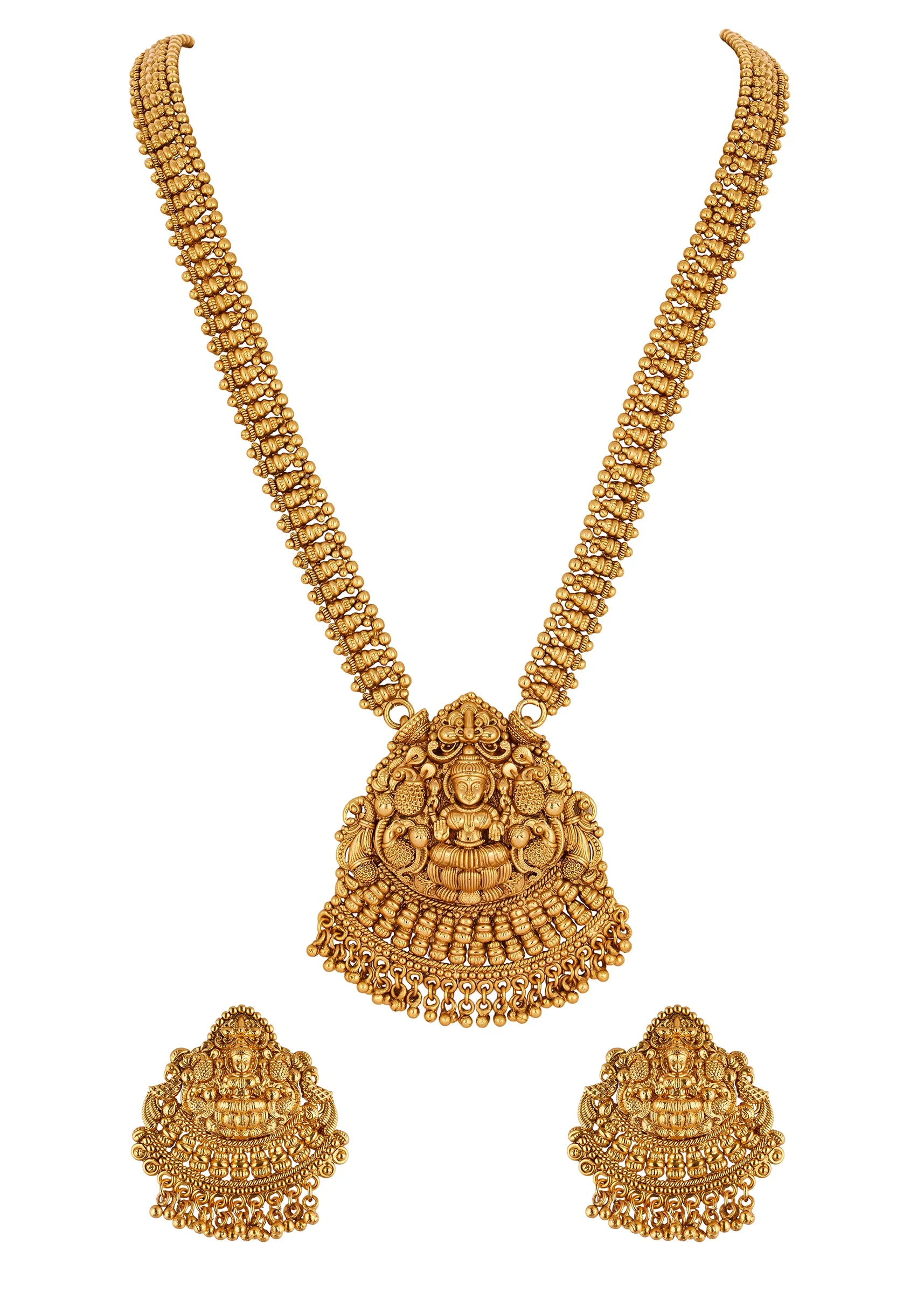 Gold Finish Necklace Set With Temple Style Motifs - Image 2