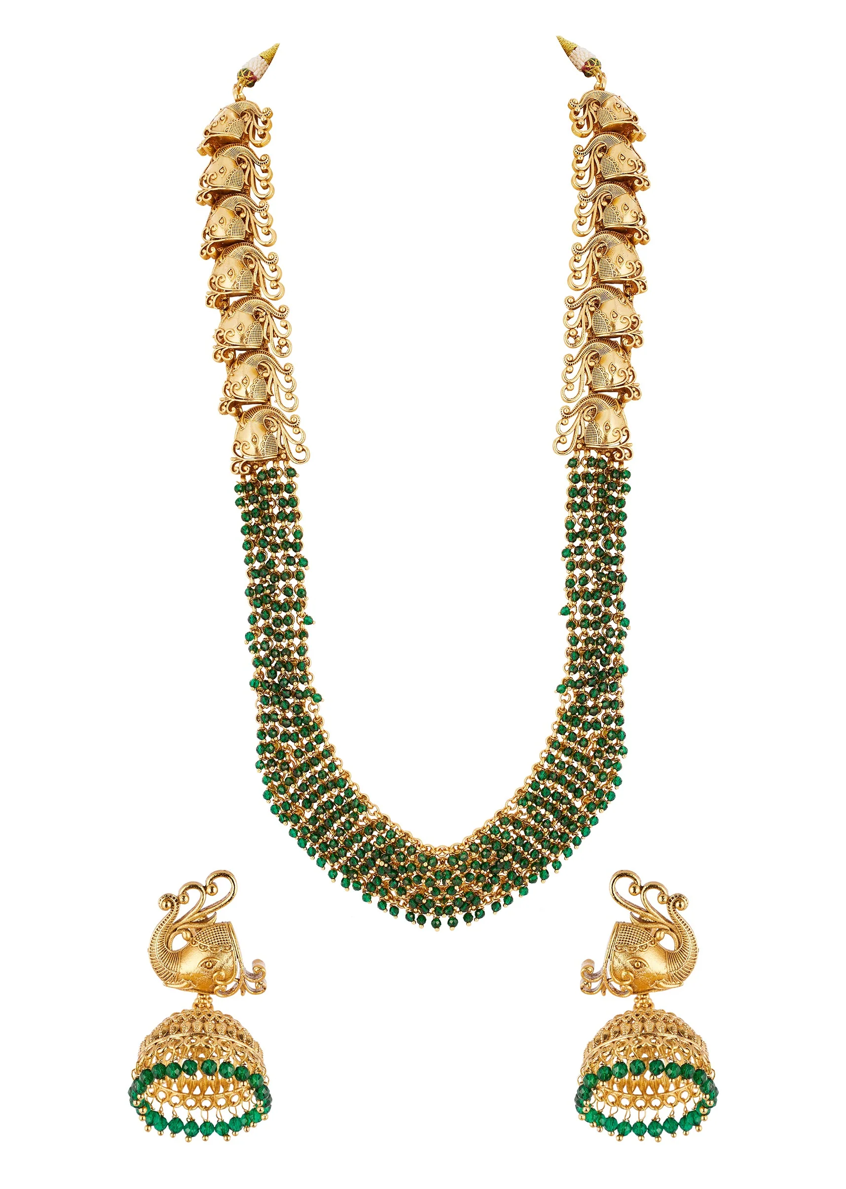 Gold Finish Necklace Set With Traditional Temple Motifs And Green Simulated Stones