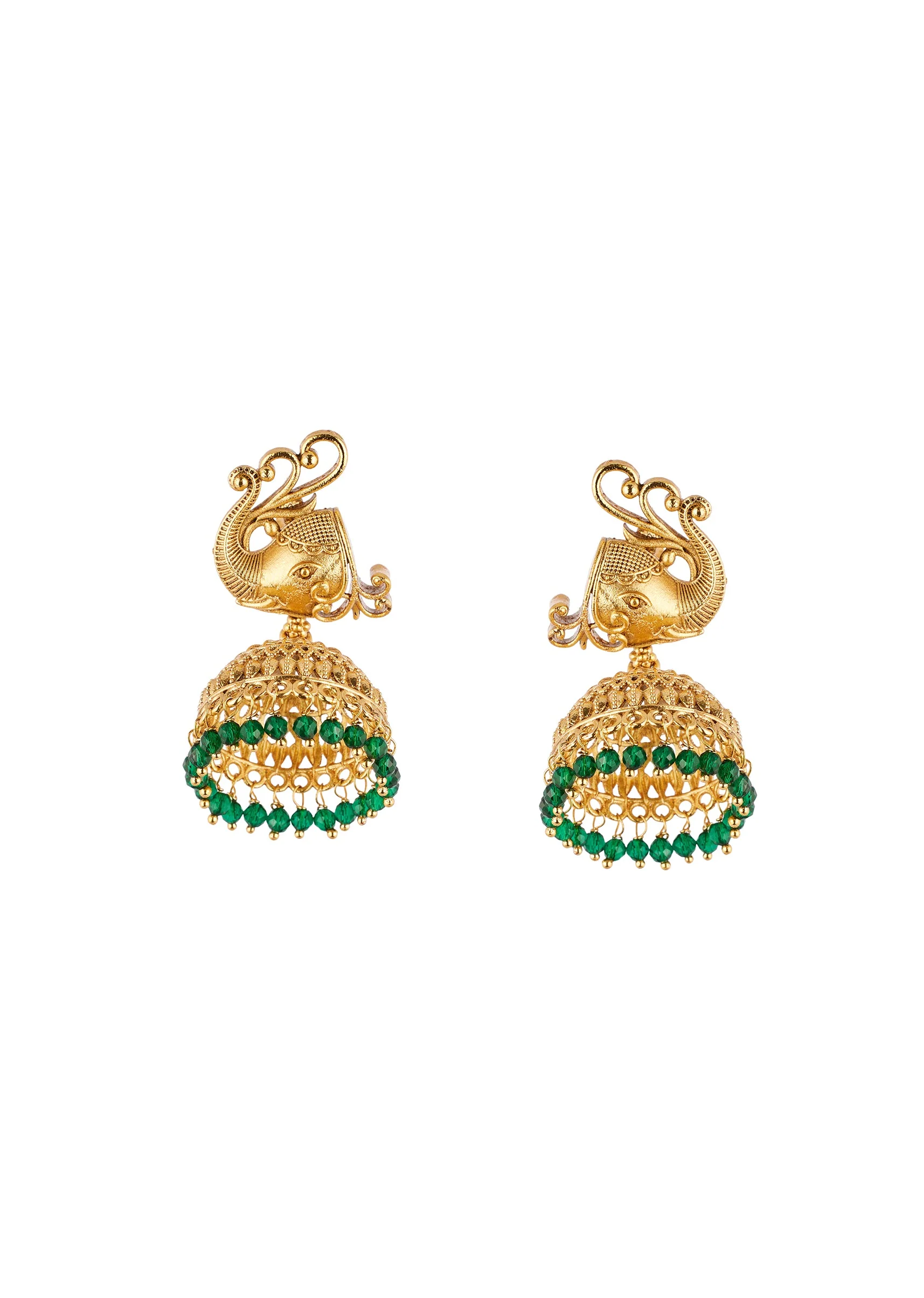 Gold Finish Necklace Set With Traditional Temple Motifs And Green Simulated Stones - Image 3