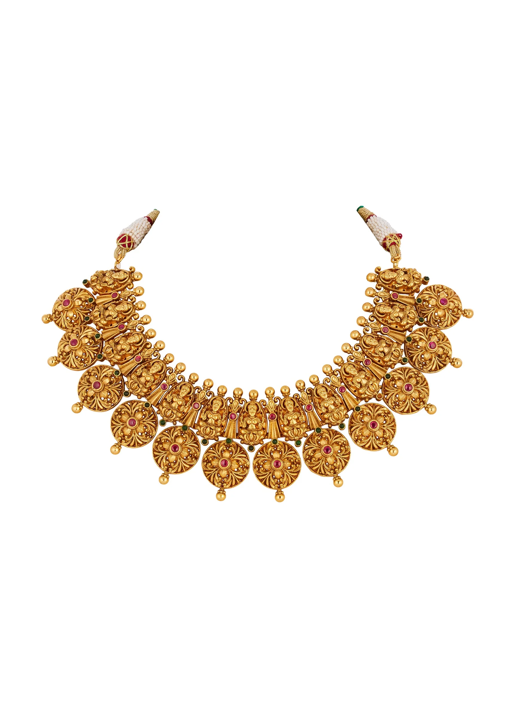 Gold Finish Necklace Set With Traditional Temple Motifs And Pink Green and White Simulated Stones - Image 3