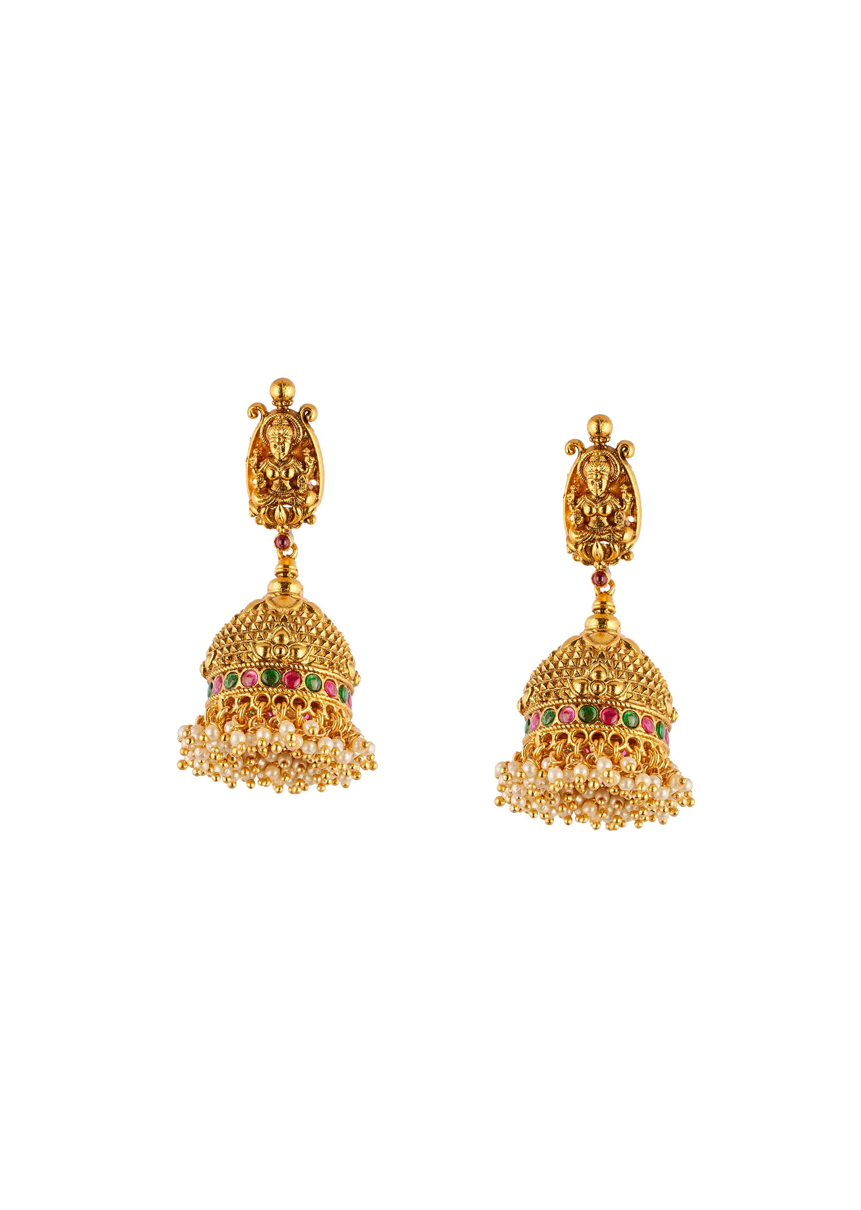 Gold Finish Necklace Set With Traditional Temple Motifs And Pink Green and White Simulated Stones - Image 4