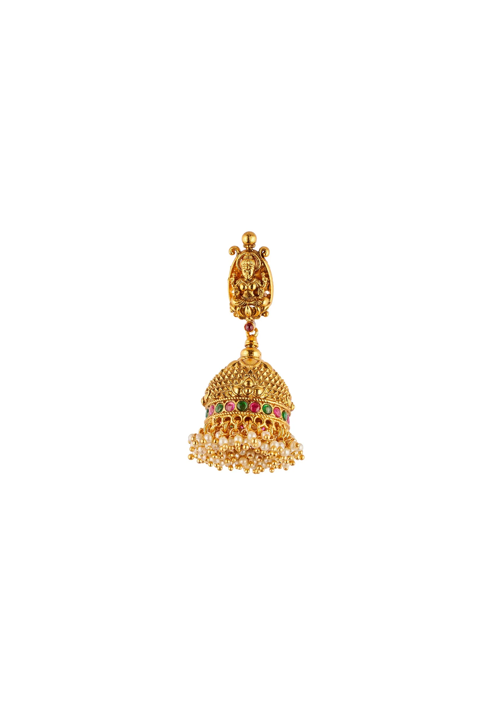 Gold Finish Necklace Set With Traditional Temple Motifs And Pink Green and White Simulated Stones - Image 5