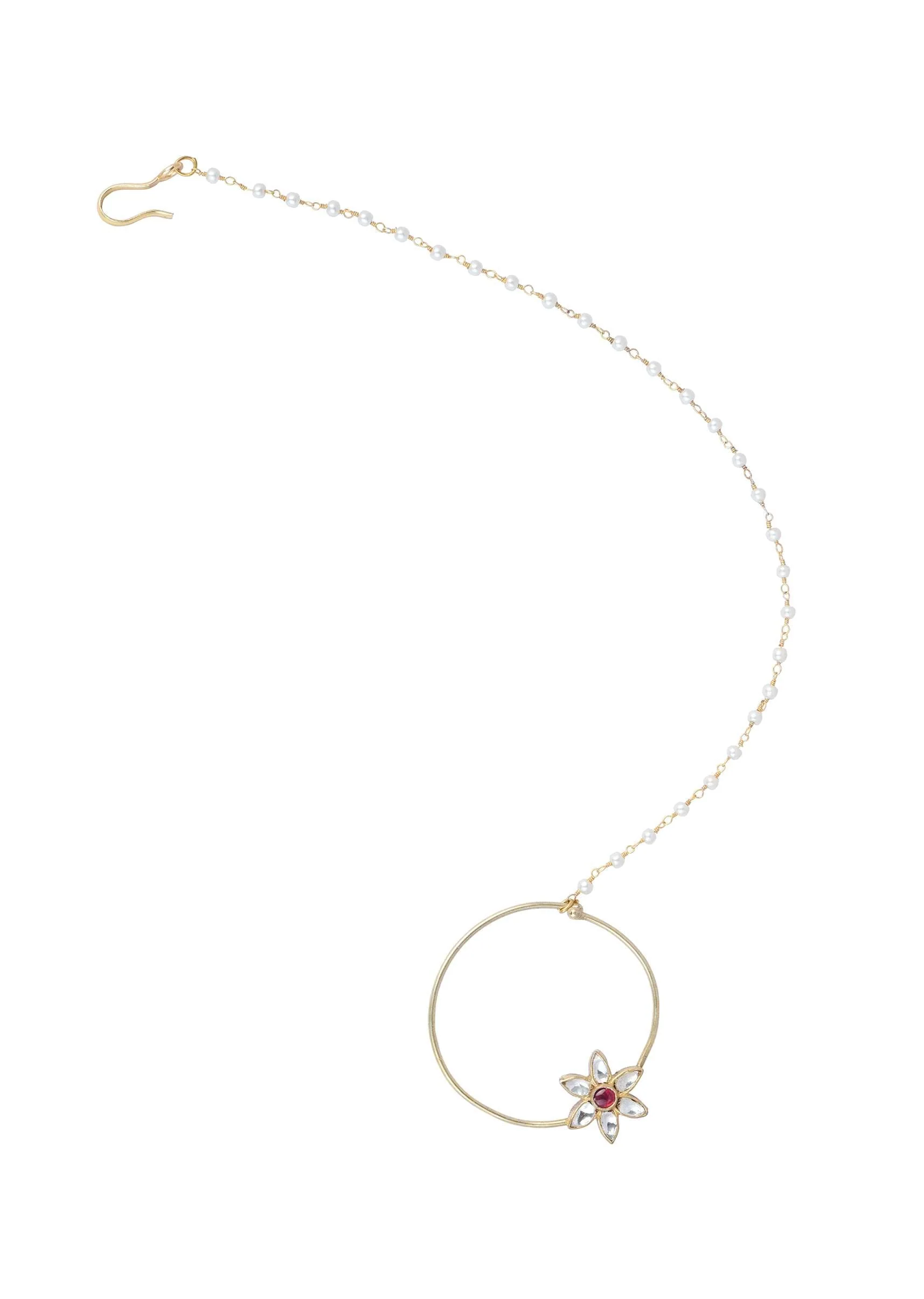 Gold Finish Nose Ring With Floral Motif And Studded Kundan - Image 2