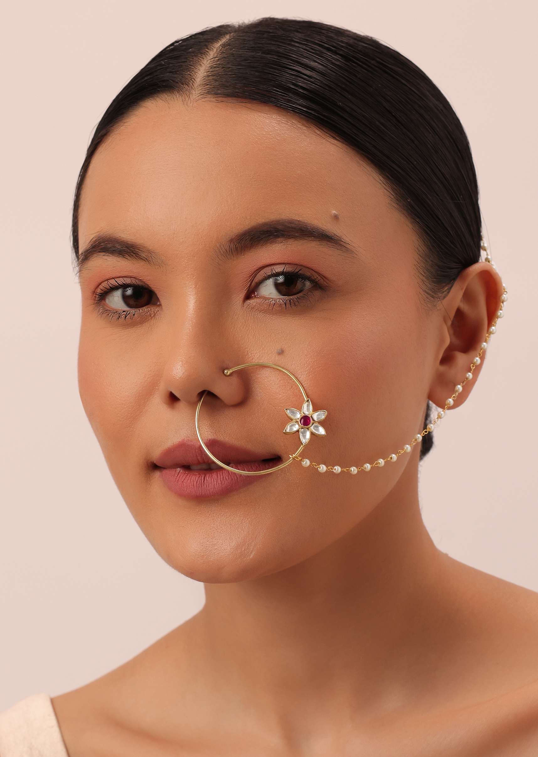 Gold Finish Nose Ring With Floral Motif And Studded Kundan - Image 3