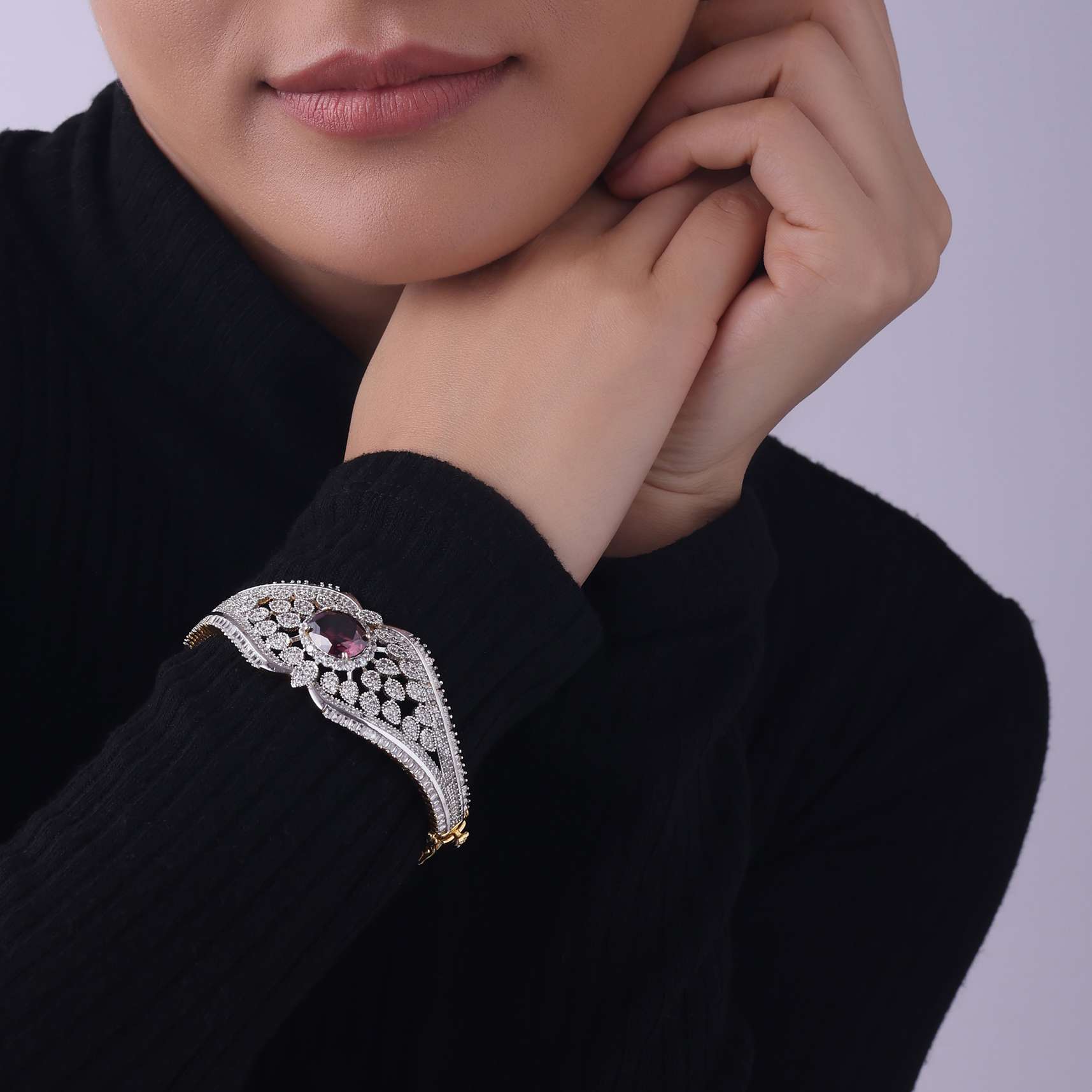 Gold Finish Openable Bangle In Mix Metal With Red Garnet Stone - Image 2