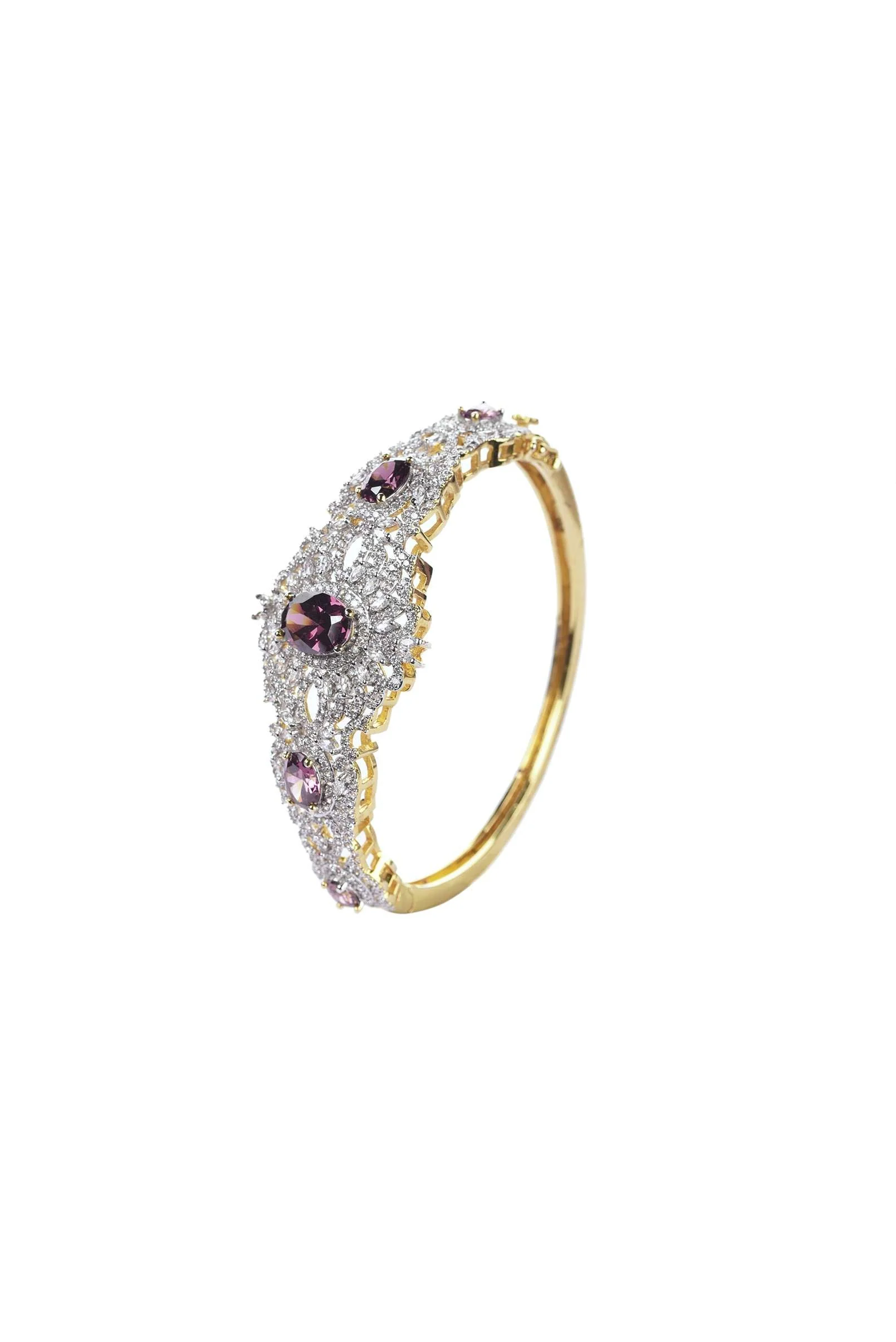 Gold Finish Openable Bangle In Mix Metal With Ruby Stones - Image 2