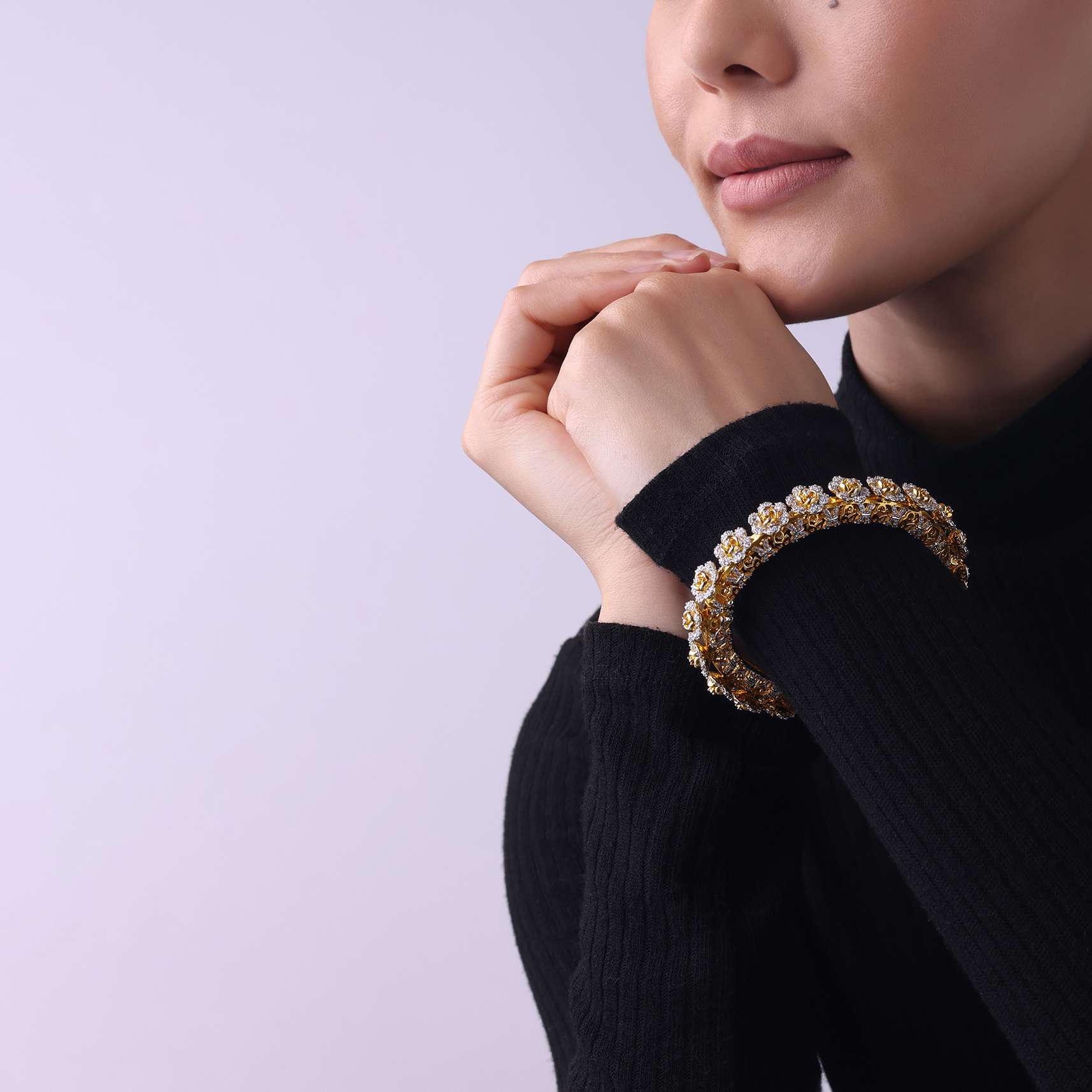 Gold Finish Openable Bangle Studded With Small Roses In Faux Diamonds - Image 2