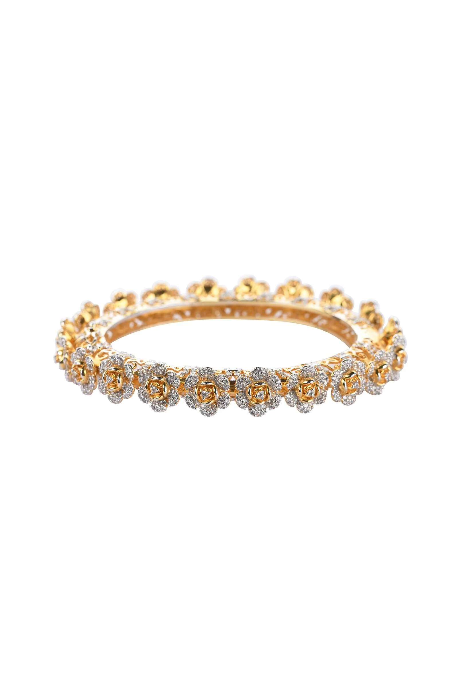 Gold Finish Openable Bangle Studded With Small Roses In Faux Diamonds - Image 3