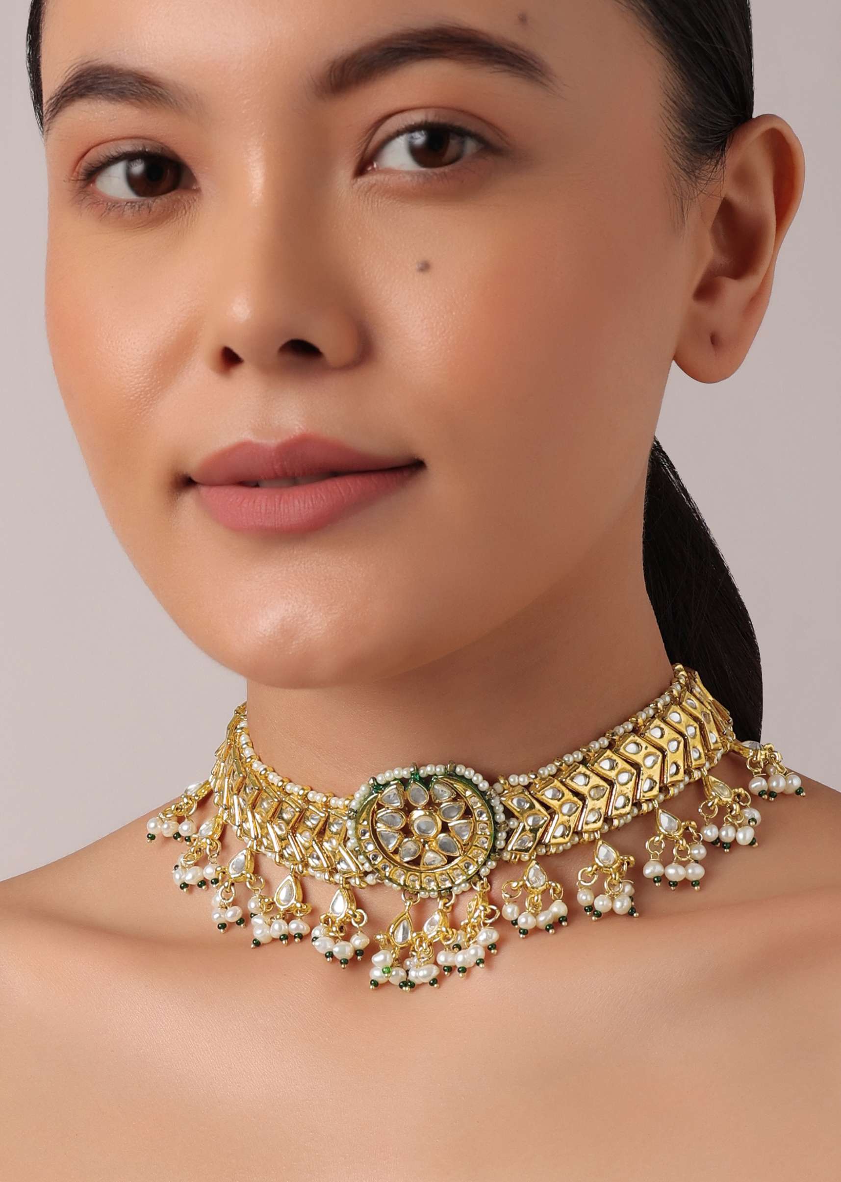 Gold Finish Pendant Choker Set With Bead Drops And Studded Kundan - Image 2