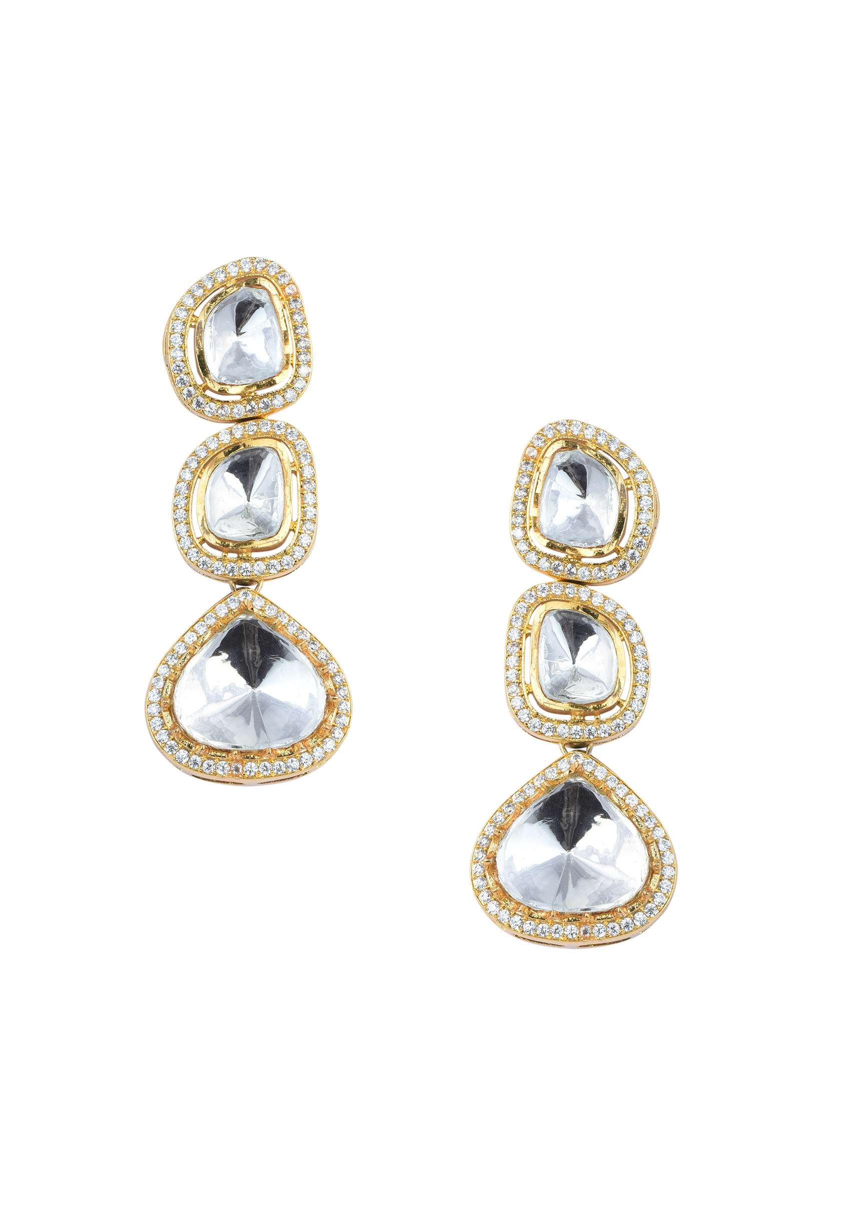 Gold Finish Polki Danglers With Geometric Motifs - Image 2