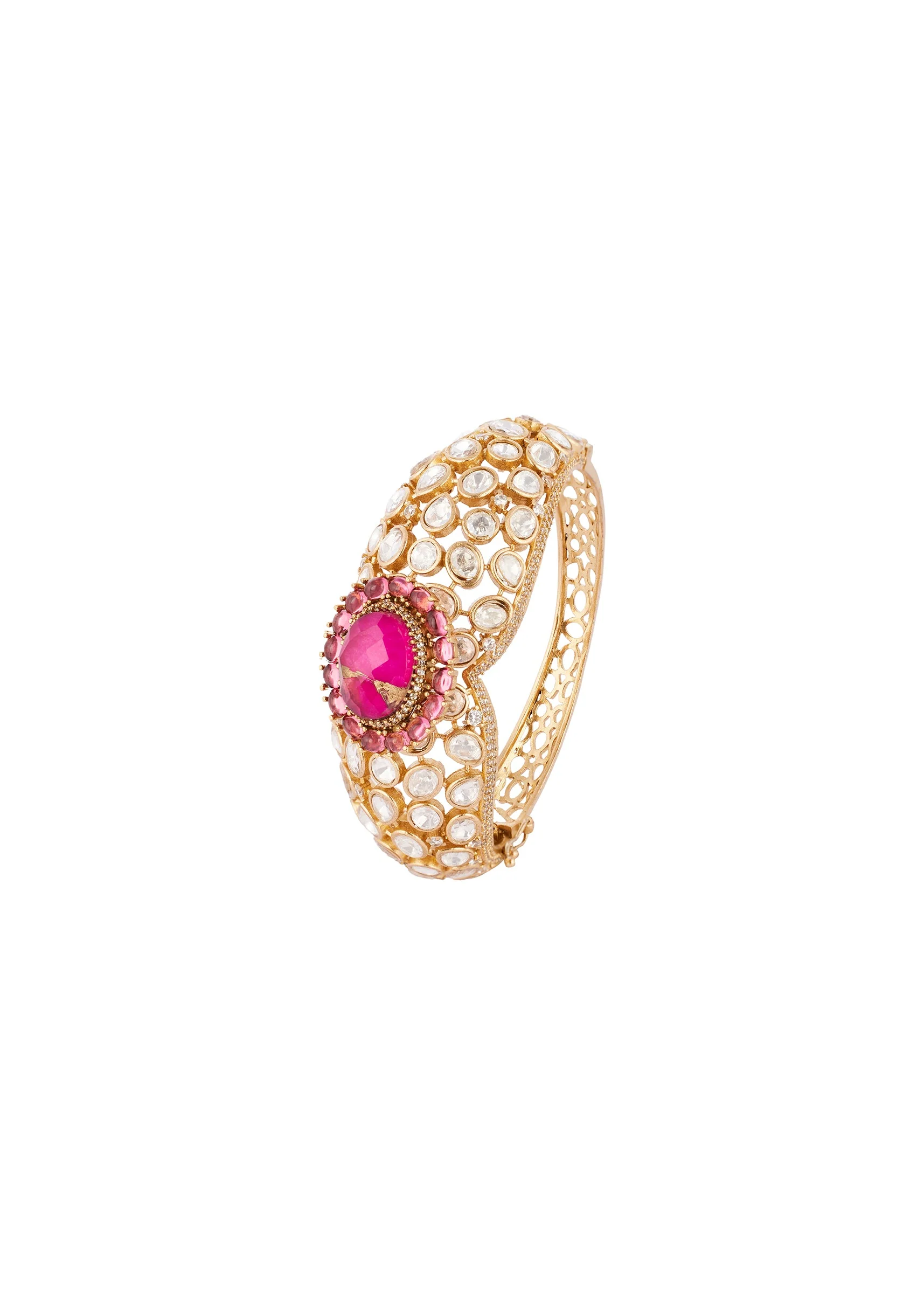 Gold Finish Ring In Kundan Polki With Semi Precious Stones - Image 3