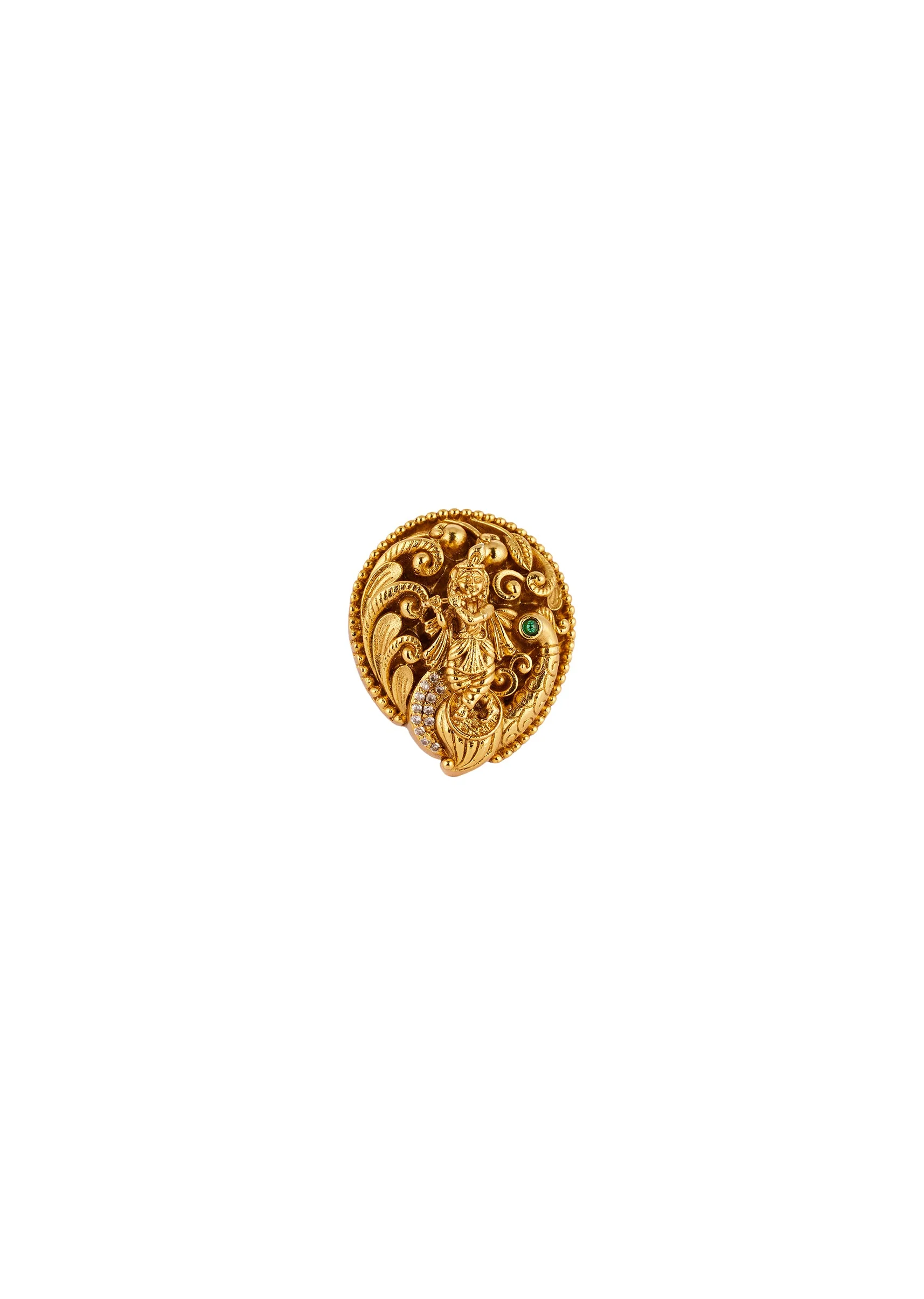 Gold Finish Ring With Temple Style Motifs And Green Simulated Stones - Image 2