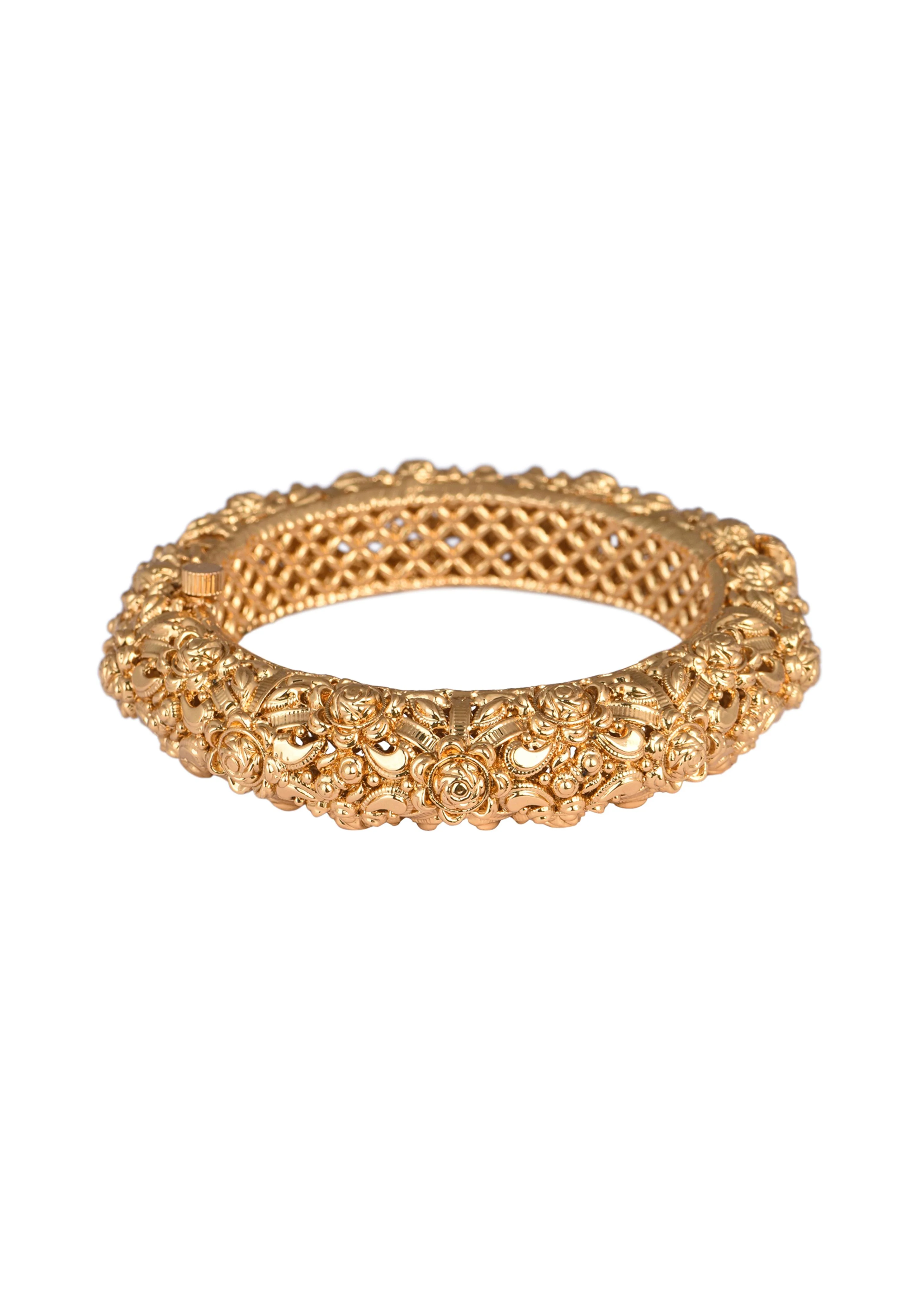 Gold Finish Temple Style Carved Bangle In Mix Metal - Image 4